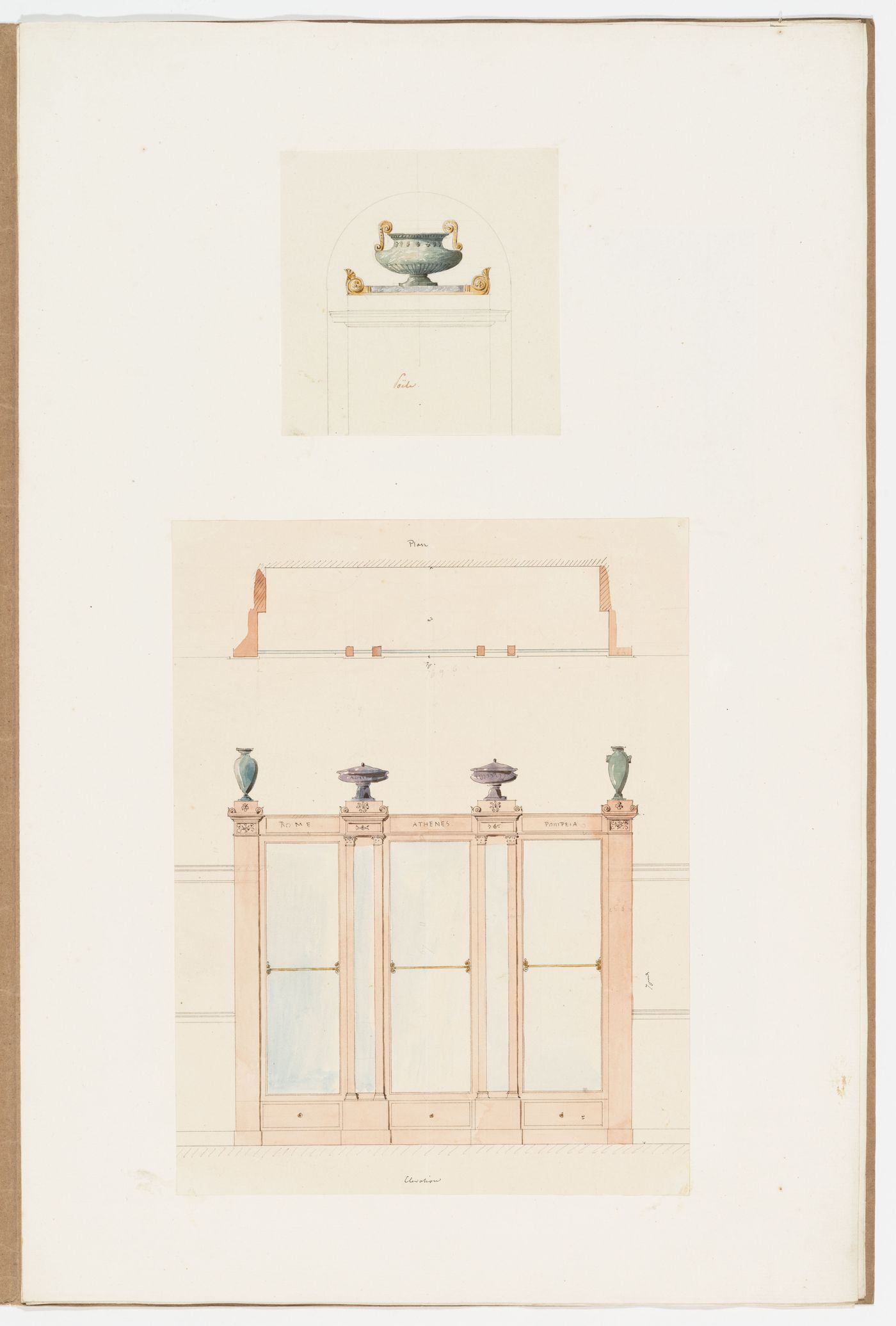 Elevation for an Empire style cabinet surmounted by vases; Elevation for a vase