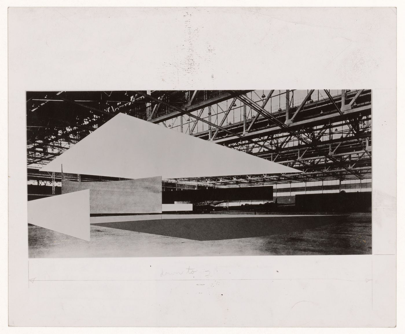 Photograph of a collage for a Concert Hall composed of paper cutouts representing acoustical screens over a photograph of Albert Kahn's 1937 Assembly Building for the Glenn L. Martin Company aircraft plant, Middle River, Maryland