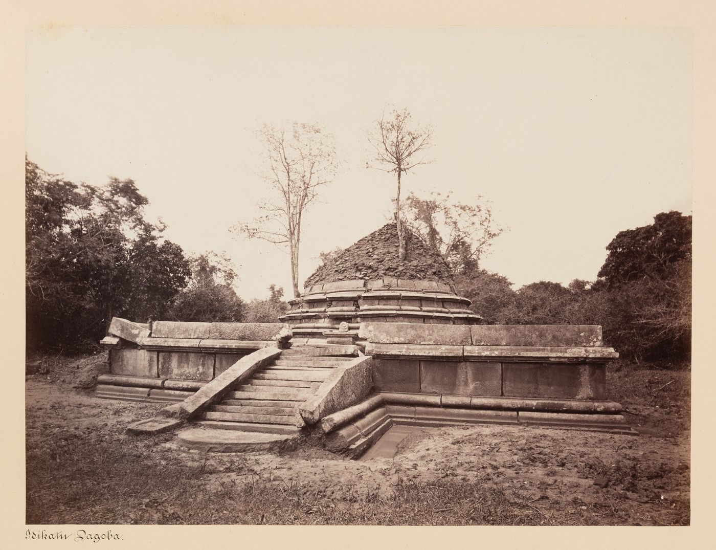 View of a dagoba, possibly the Indikatuseya, Mihintale, Ceylon (now Sri Lanka)