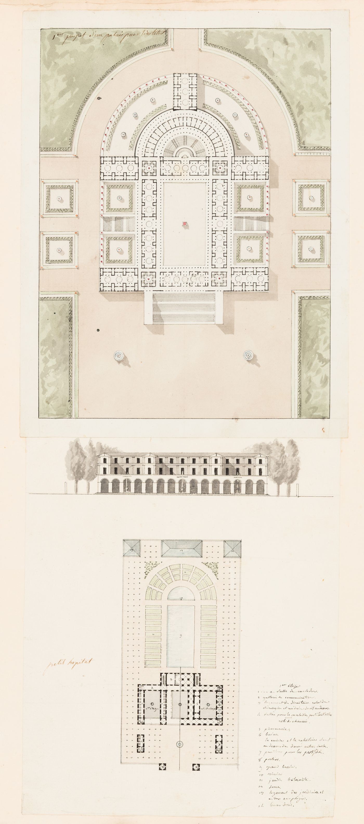 Block plan, plan and programme for an opera house; verso: Site plan for the first project for an institute; Site plan and elevation for a small hospital