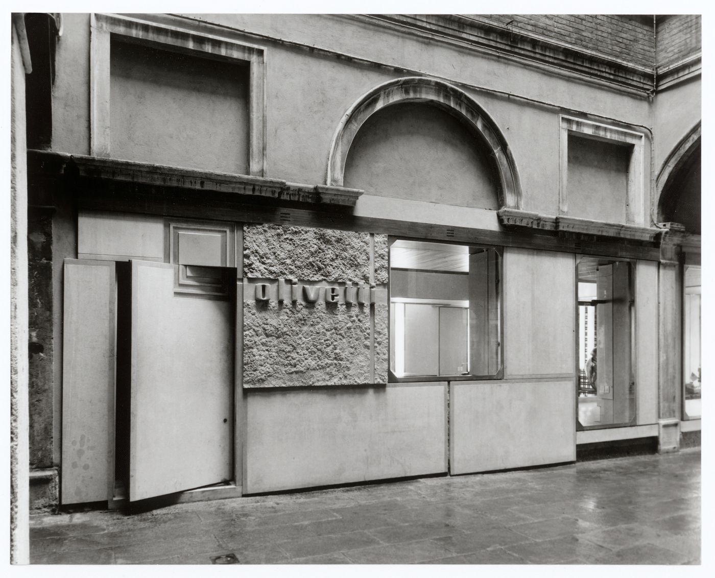 View of façade of the Olivetti Showroom showing staff entrance, Venice, Italy