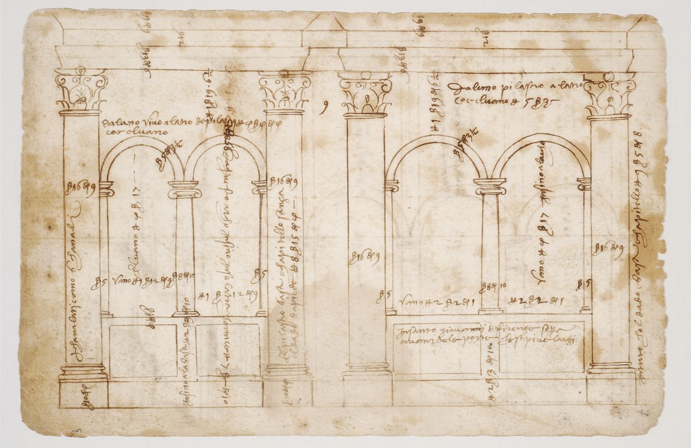 Elevation of the interior upper story above the east entrance of the Baptistry, Florence, Italy; verso: Elevation of the nave wall, SS. Apostoli, Florence, Italy; Unidentified cornices