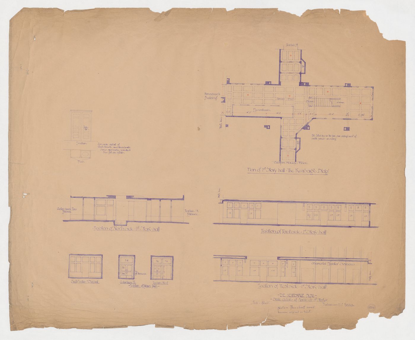 Kearsarge Building, Chicago: Elevations and plan, including ceiling tile pattern, for the first floor entrance lobbies with elevations for the entrance doors and plan and elevation for toilet cases (combined coat closet and office sink cabinet)