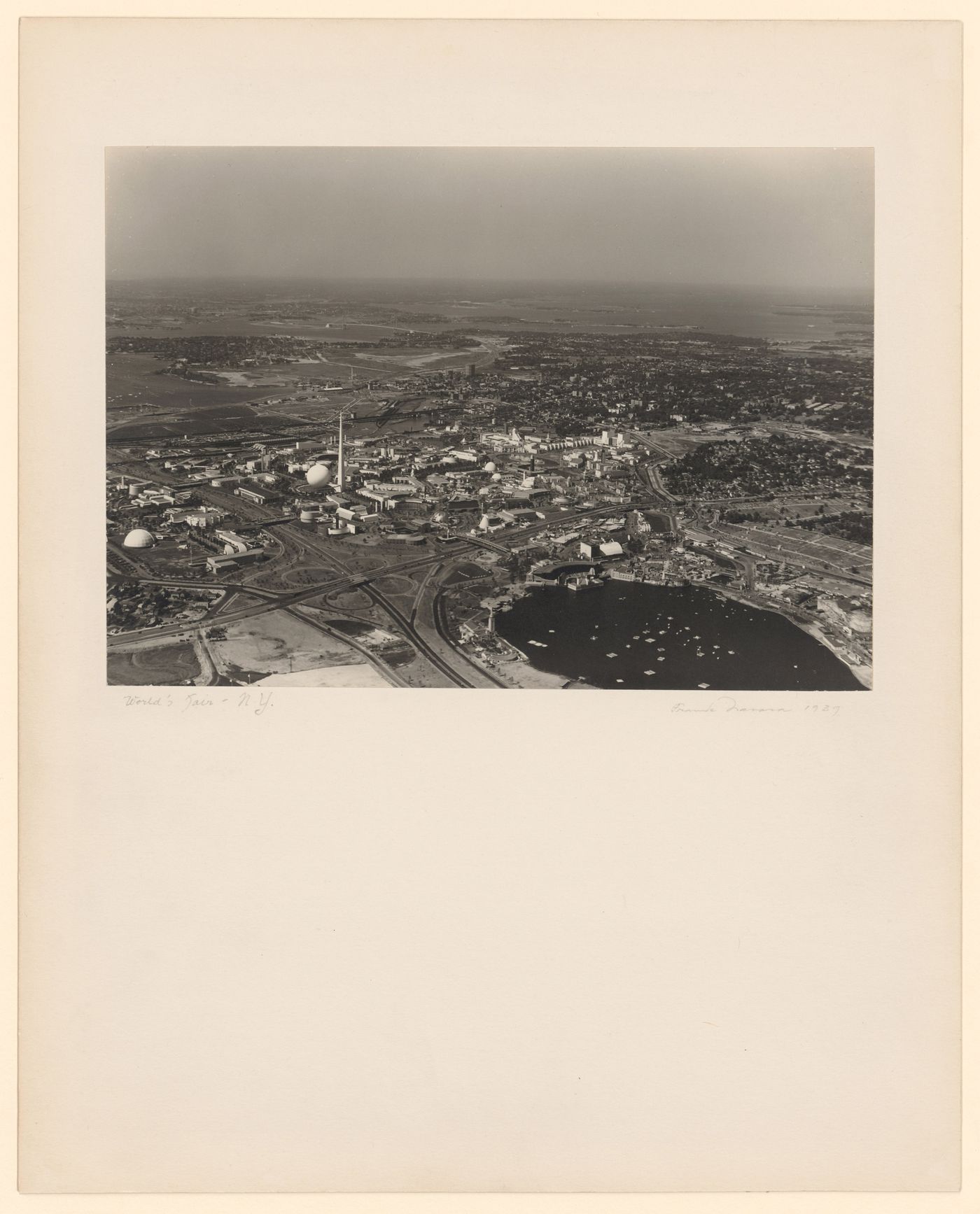 New York World's Fair (1939-1940): Aerial view of Fair surrounded by Flushing