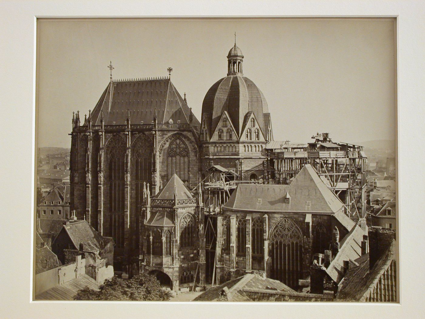 View of dome, apse, and chapels, from elevated viewpoint, Aachen, Germany