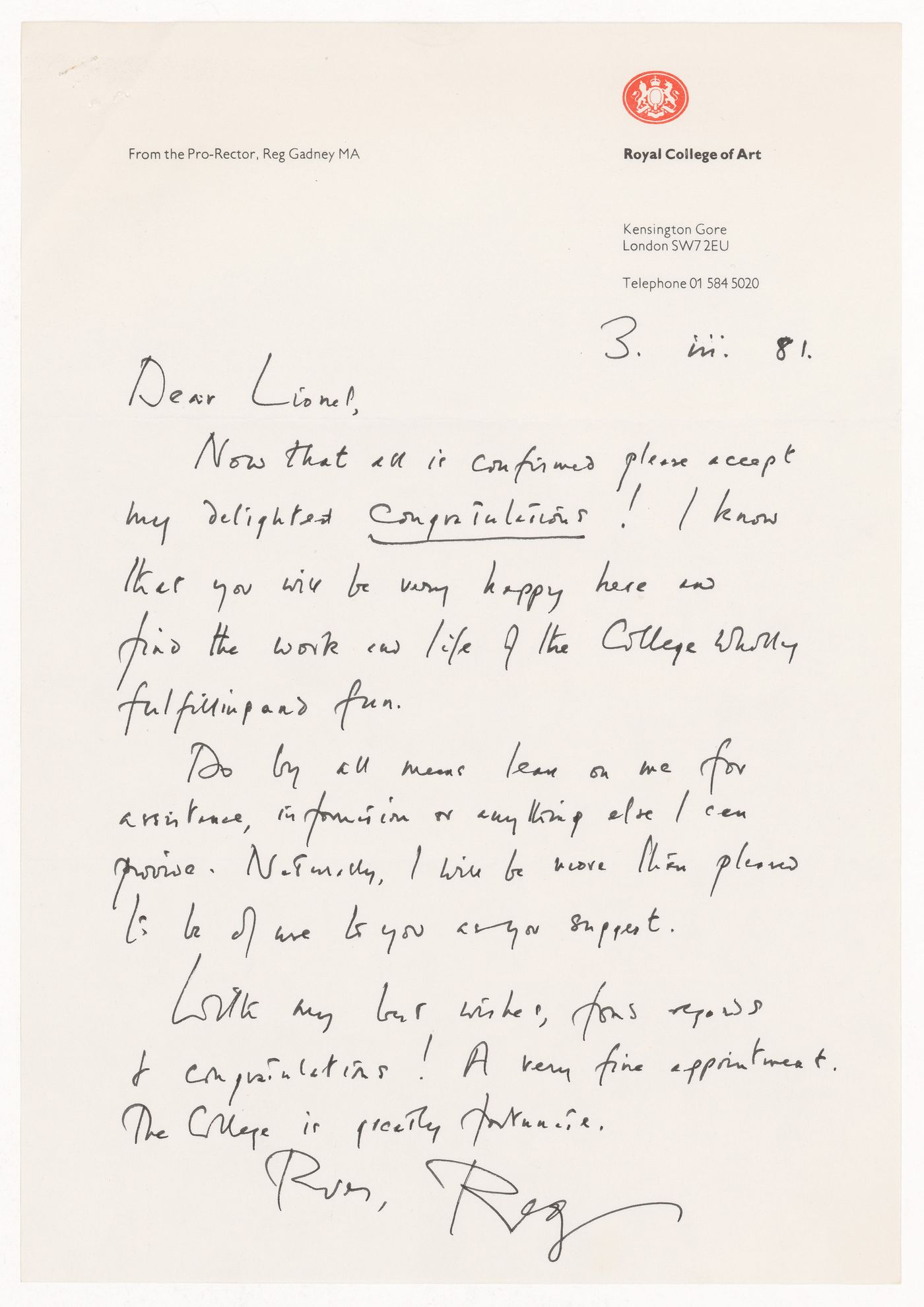 Letter of congratulations from Reg Gadney to Lionel March for his appointment as rector of the Royal College of Art in London