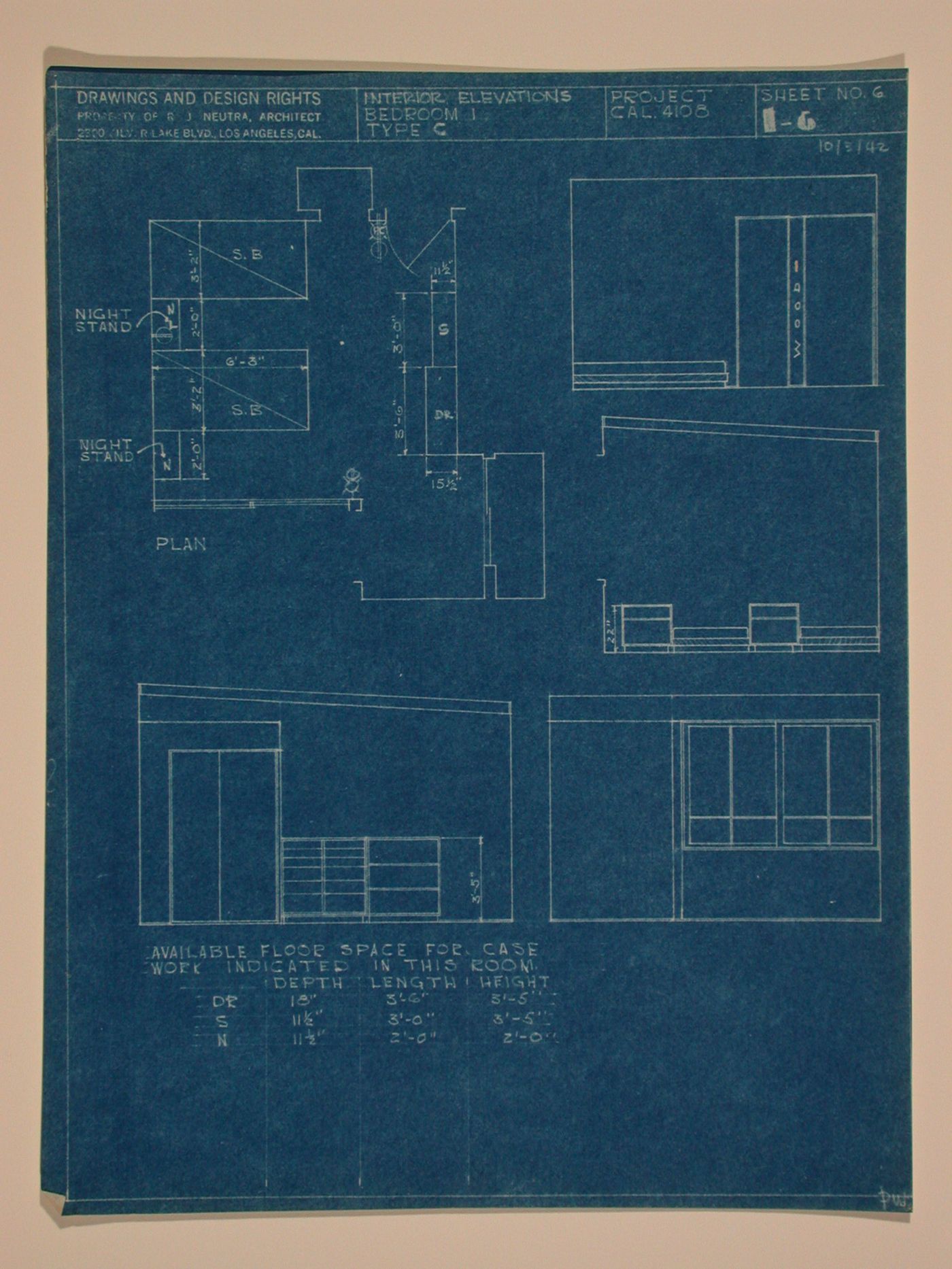Interior elevations and plan for bedroom no. 1 type "C"
