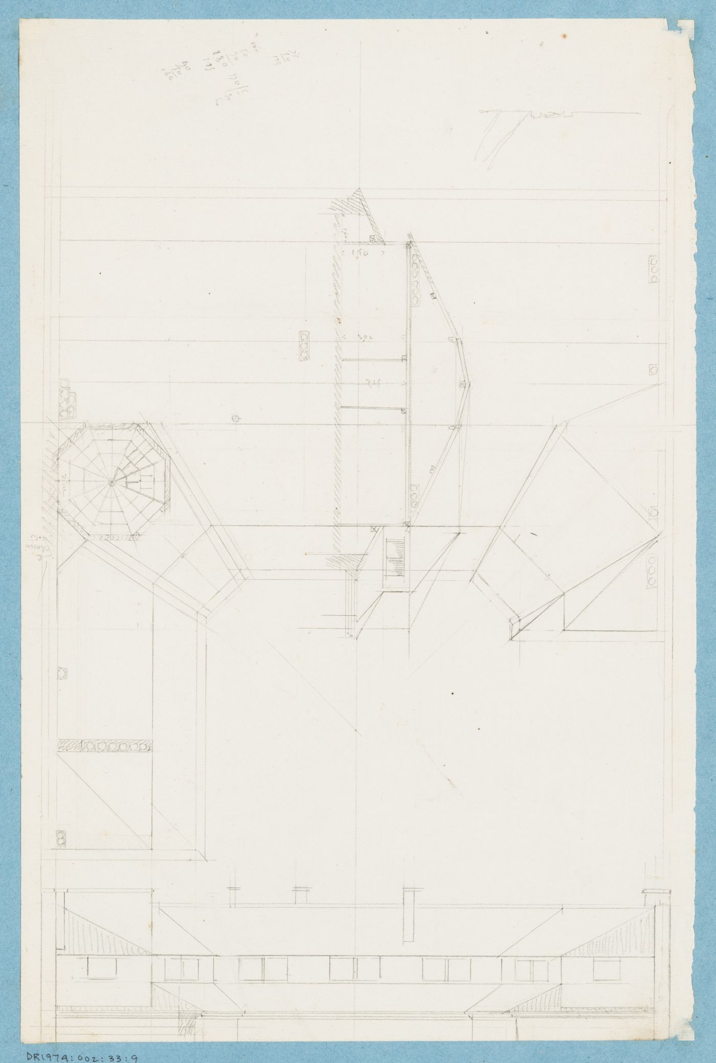 Project for a hôtel for M. Busche: Plan, elevation and section for the roof for a four-storey hôtel
