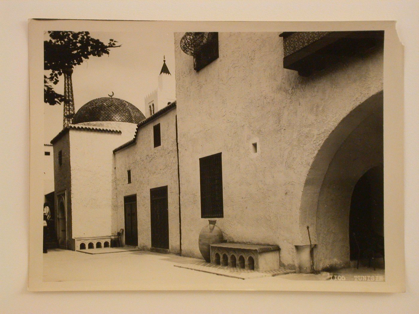 Partial view of Tunisia's pavilion with the Tour Eiffel in the left background, 1937 Exposition internationale, Paris, France