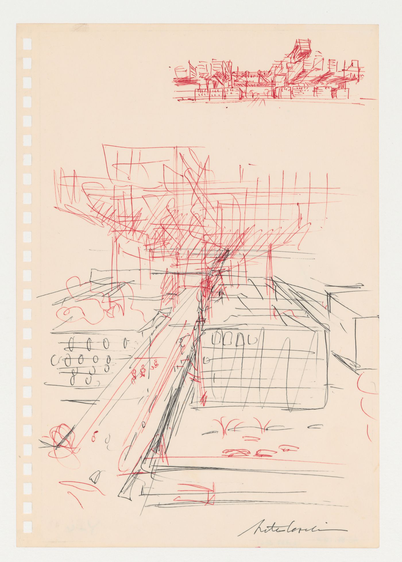 Sketch for an urban structure raised on pylons, possibly for the Marunouchi Project, Tokyo