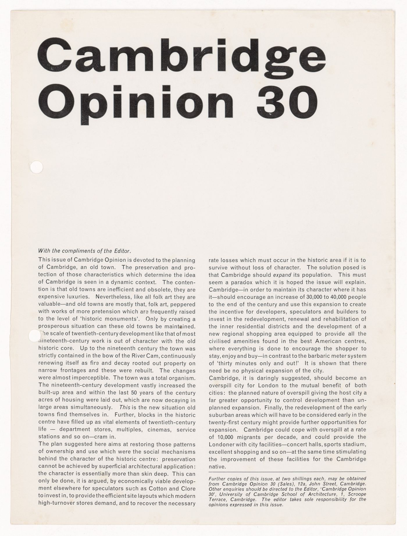 Editor's note of The Cambridge Opinion 30, edited by Lionel March