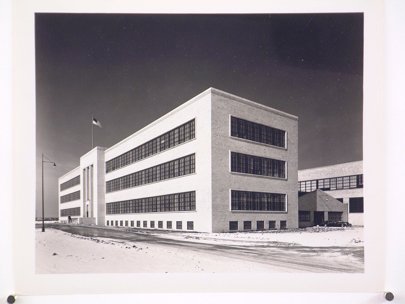 View of the south and east façades of the Administration Building, General Motors Corporation Buick division Airplane Engine Assembly Plant, Melrose Park, Illinois