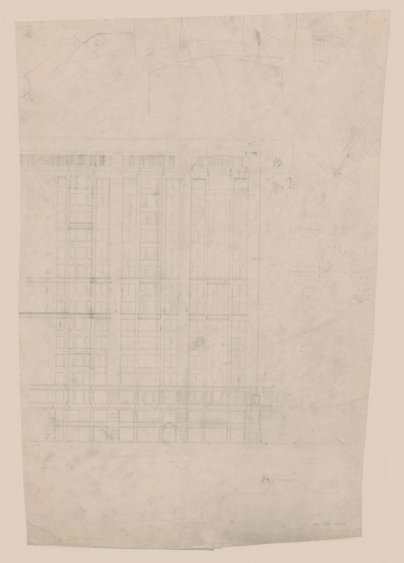 Monadnock Building, Chicago: Partial side elevation for the sixteen-storey steel frame project