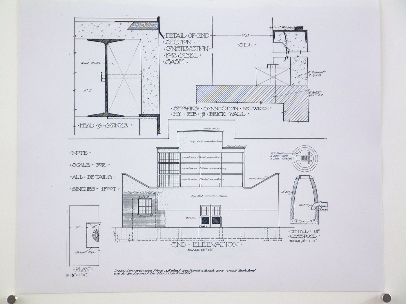 Photograph of a drawing showing an end elevation and details for a steel sash and a cesspool of the Forge Shop, Packard Motor Car Company Assembly Plant (now abandoned), East Grand Boulevard, Detroit, Michigan