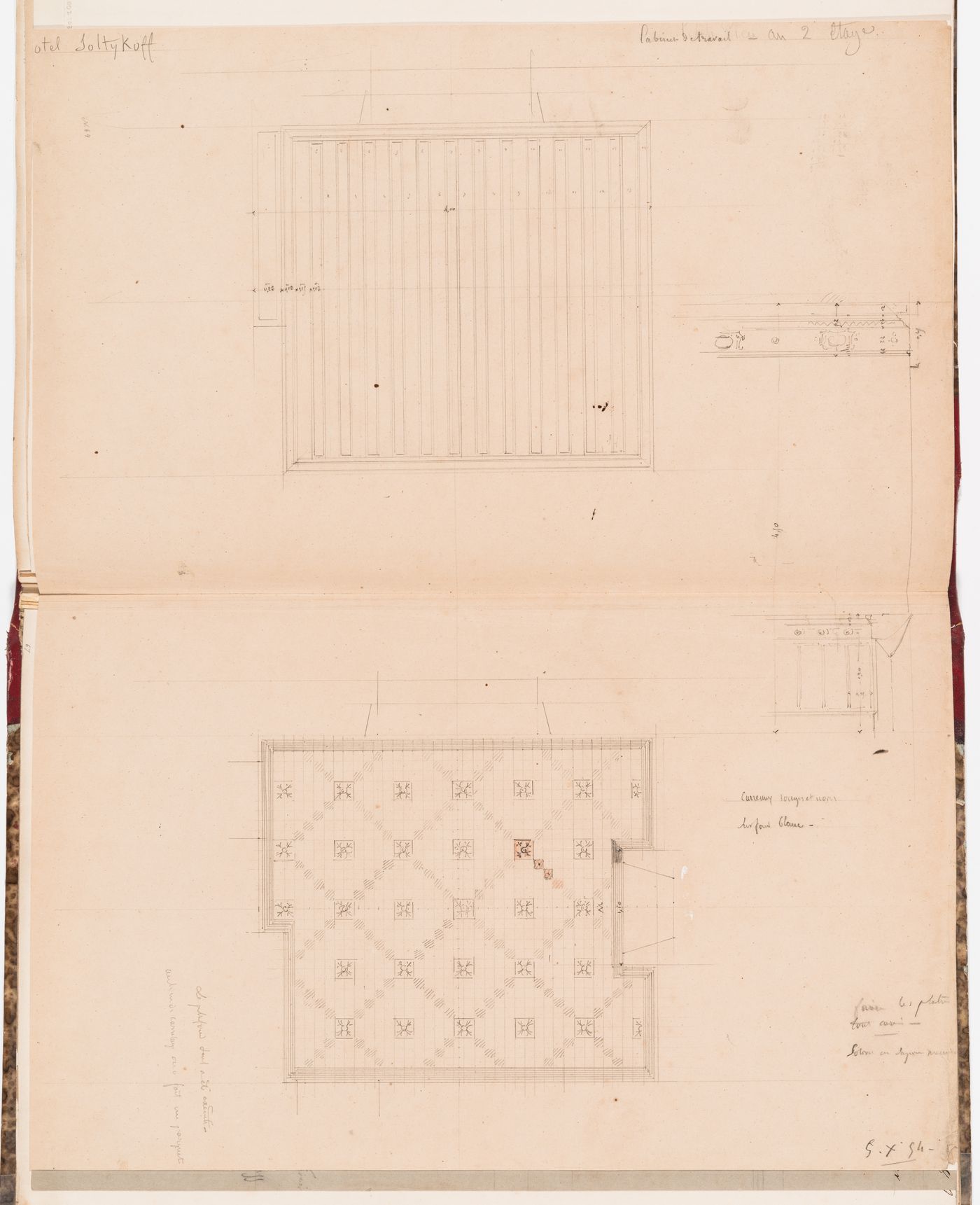 Plan for the floor tile pattern, details for the decorative scheme, and plan for the "cabinet de travail" or the "cabinet  sur la cour" on the second floor, Hôtel Soltykoff