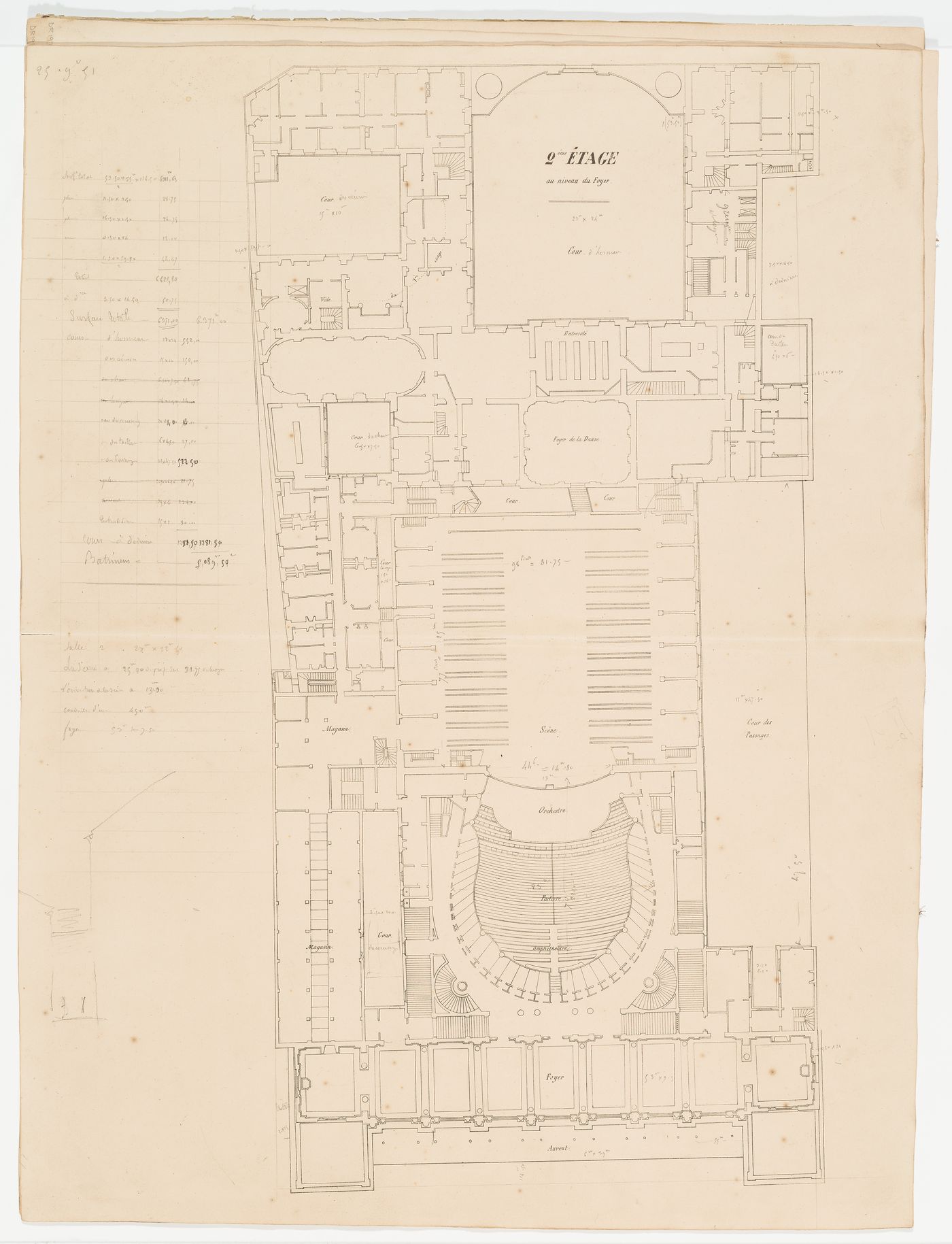 Plan of the second floor "au niveau du foyer", Salle Le Peletier