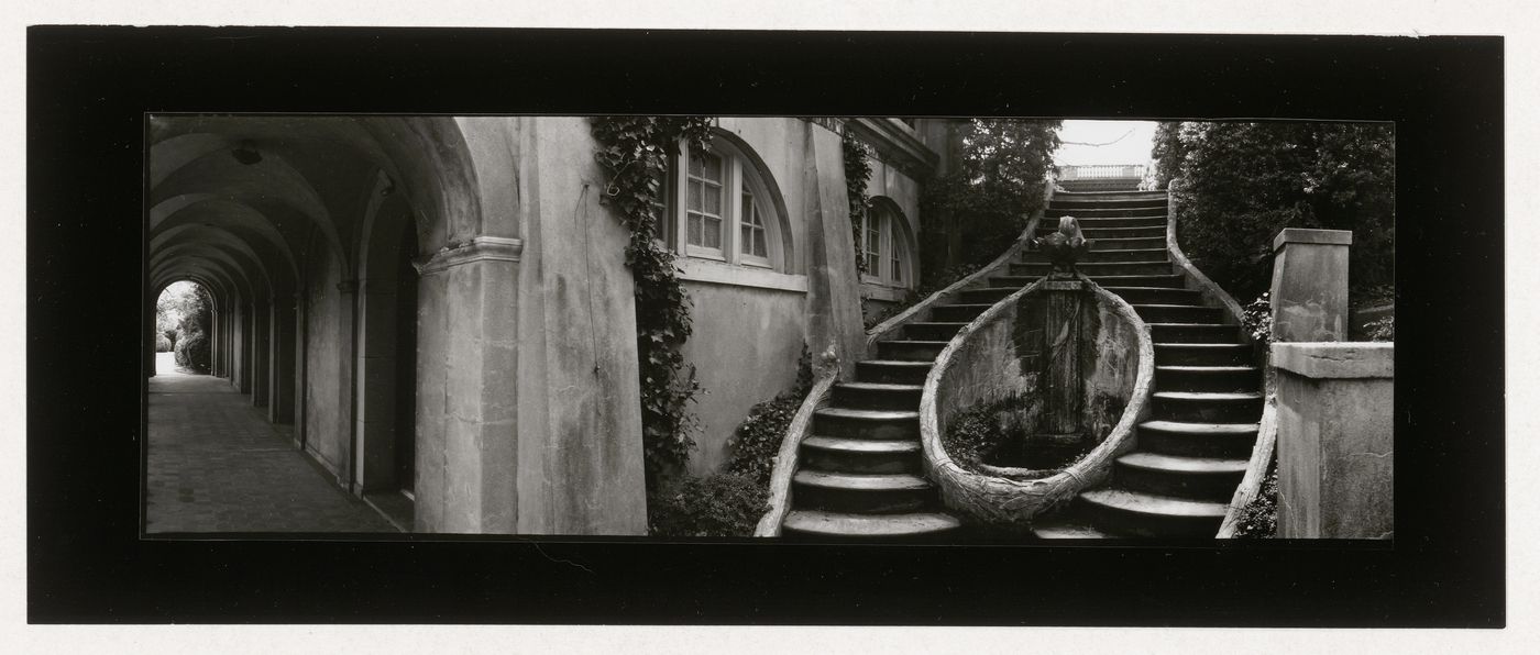 View of the fountain and steps below the Green Garden with the swimming pool loggia on the left, Dumbarton Oaks, 1703 32nd  Street North West, Washington, D.C.