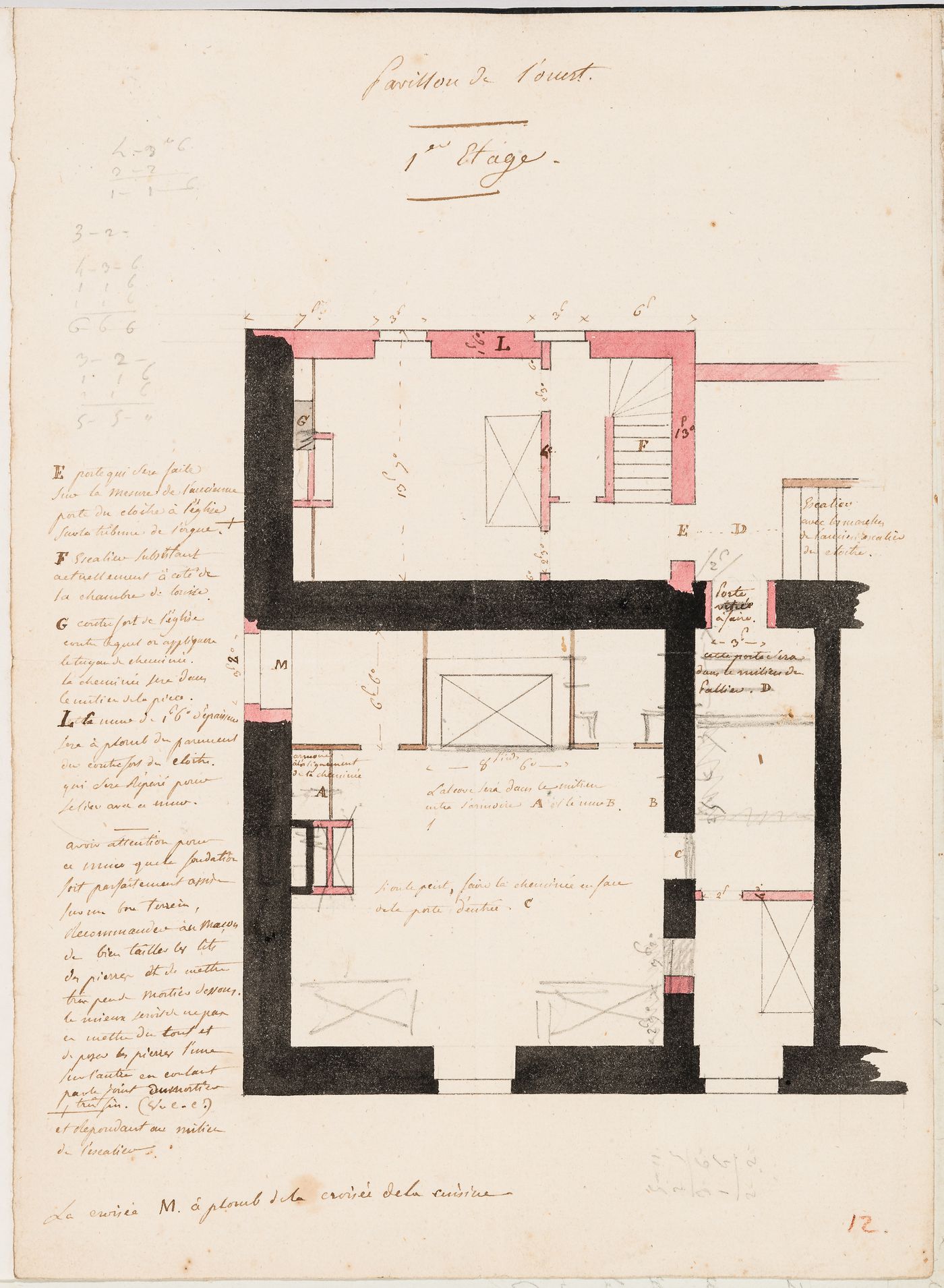 First floor plan of the west pavilion of the house, Domaine de La Vallée; verso: Axonometric drawing of a building stone