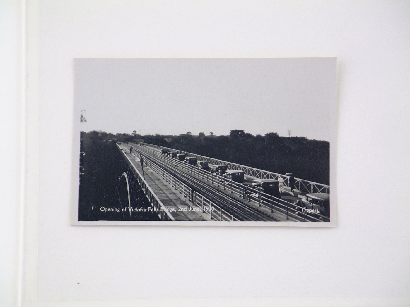 Postcard showing cars driving on Victoria Falls Bridge during its reopening, Zambezi River, crossing the border between Victoria Falls, Zimbabwe and Livingstone, Zambia