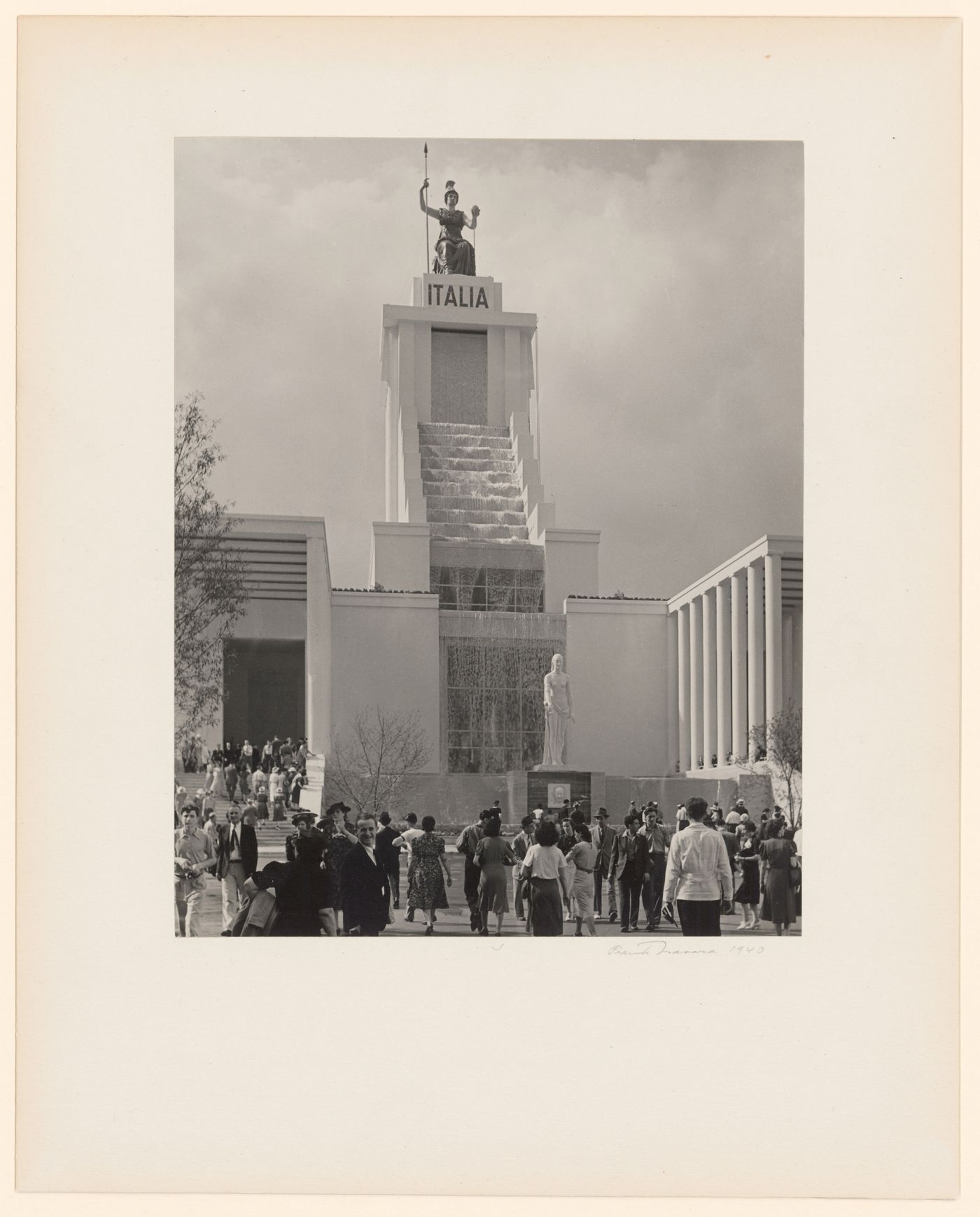 New York World's Fair (1939-1940): View of Italian Pavilion façade with casçade fountain, Roma statue on top