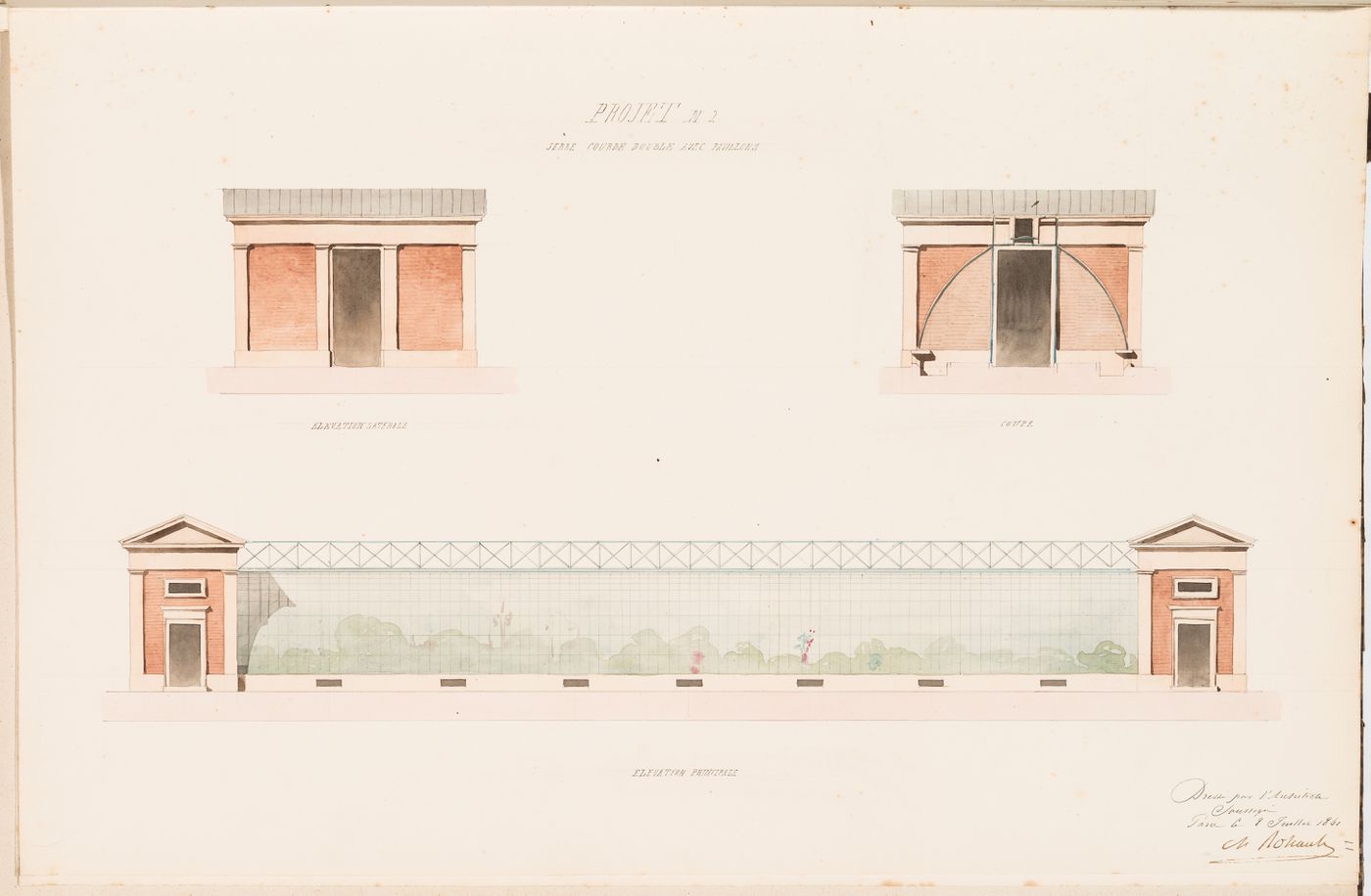 Principal and side elevations, and cross section for a "serre chaude" with two curved glass roofs and two pavilions for Monsieur Fauquet-Lemaitre