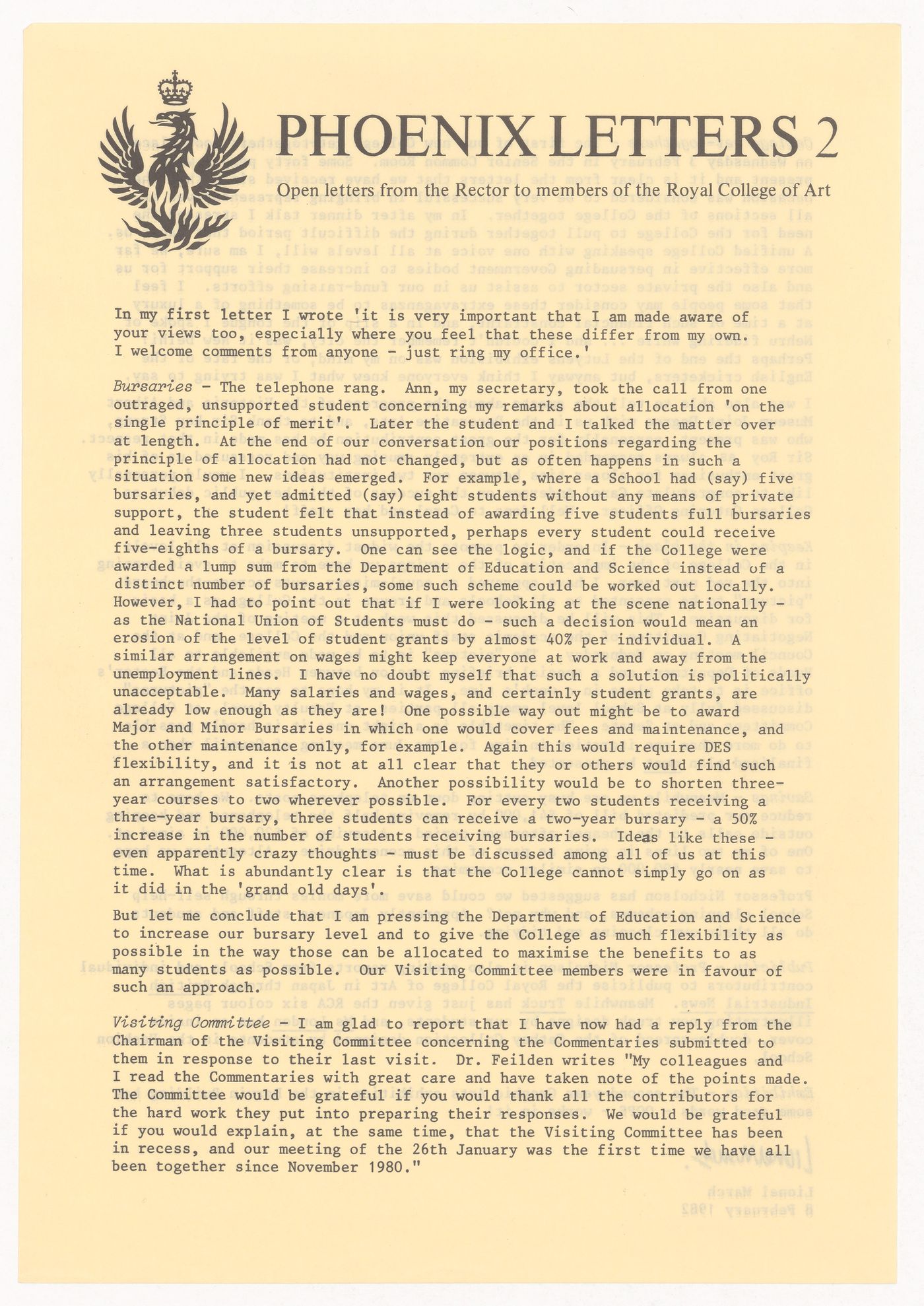 Open letter by Lionel March for the Royal College of Art publication "Phoenix Letters"