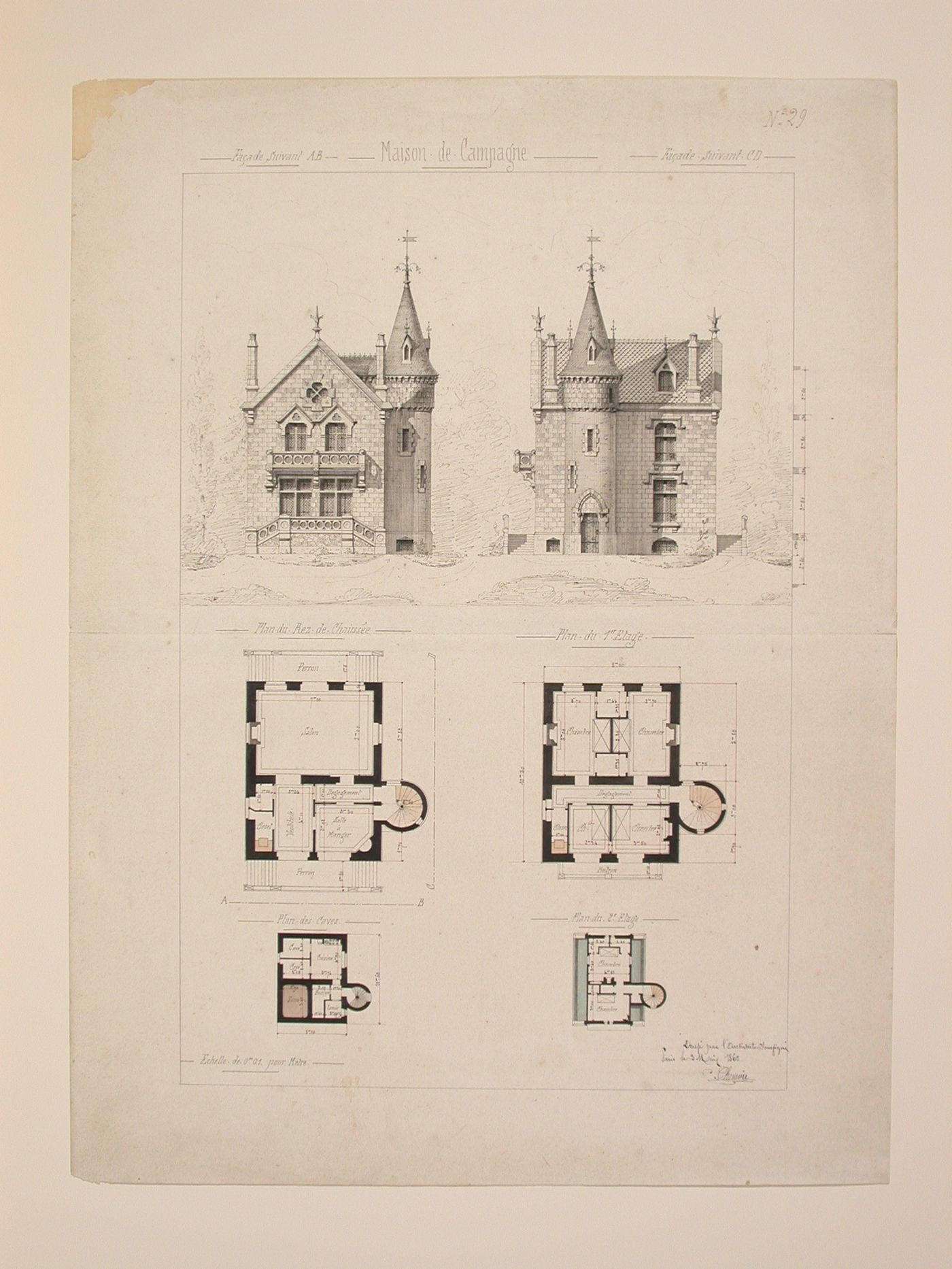 Rendered elevations and plans for a Gothic Revival country house