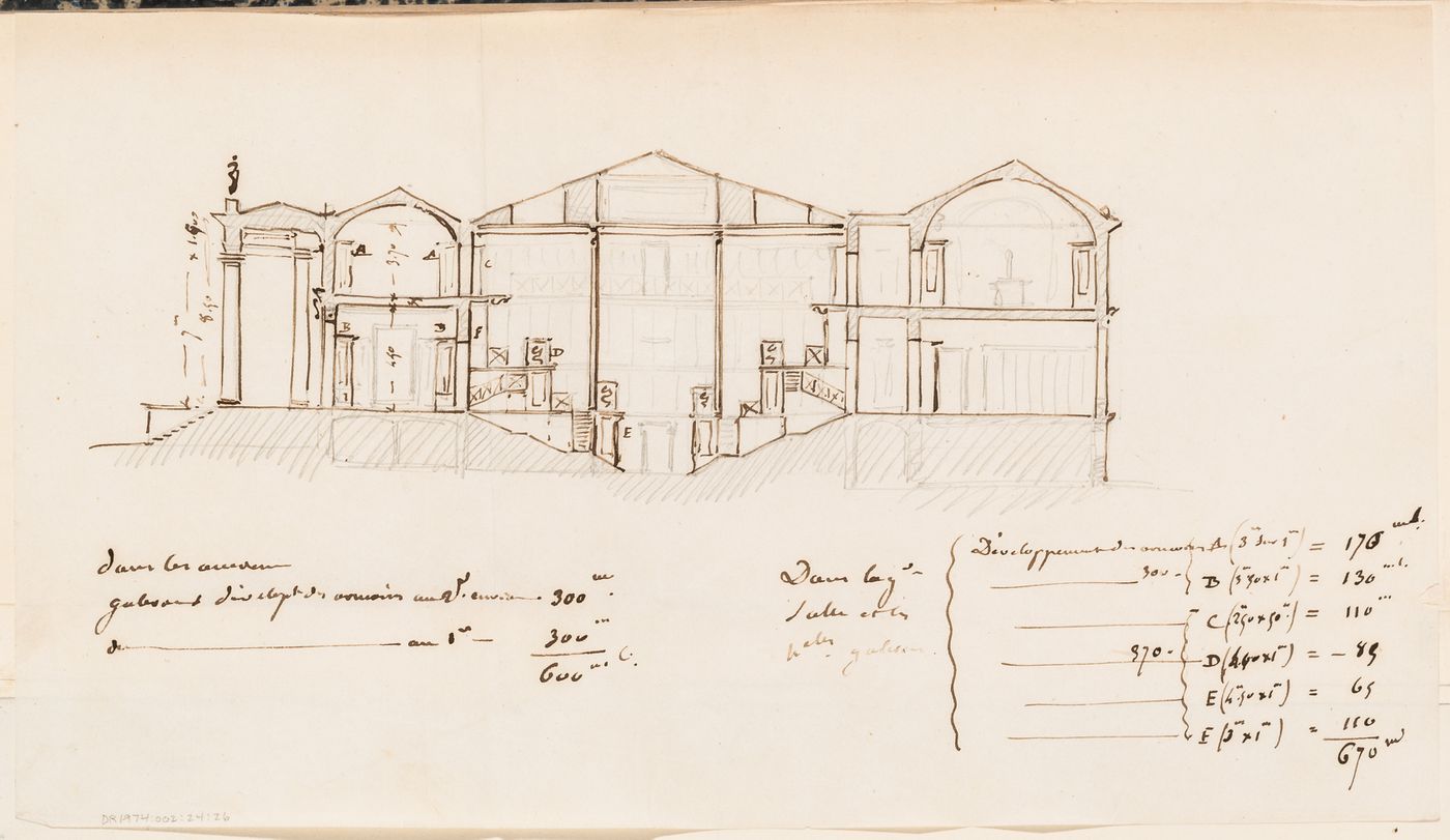 Project for a Galerie de zoologie with a single row of galleries and a central gallery, 1838: Section