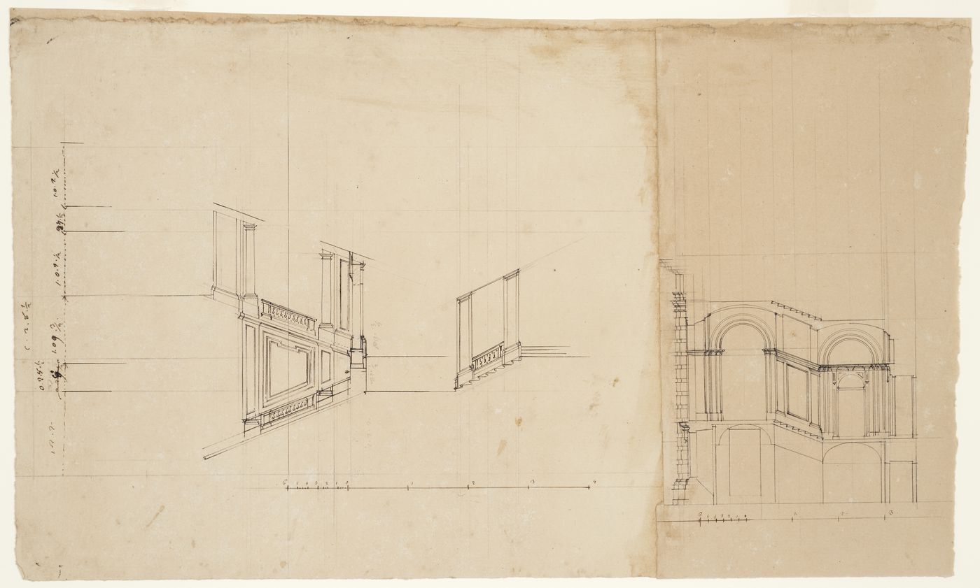 Elevation and section for a staircase, Castello di Rivoli, Turin; verso: Partial plan for Castello di Rivoli, Turin