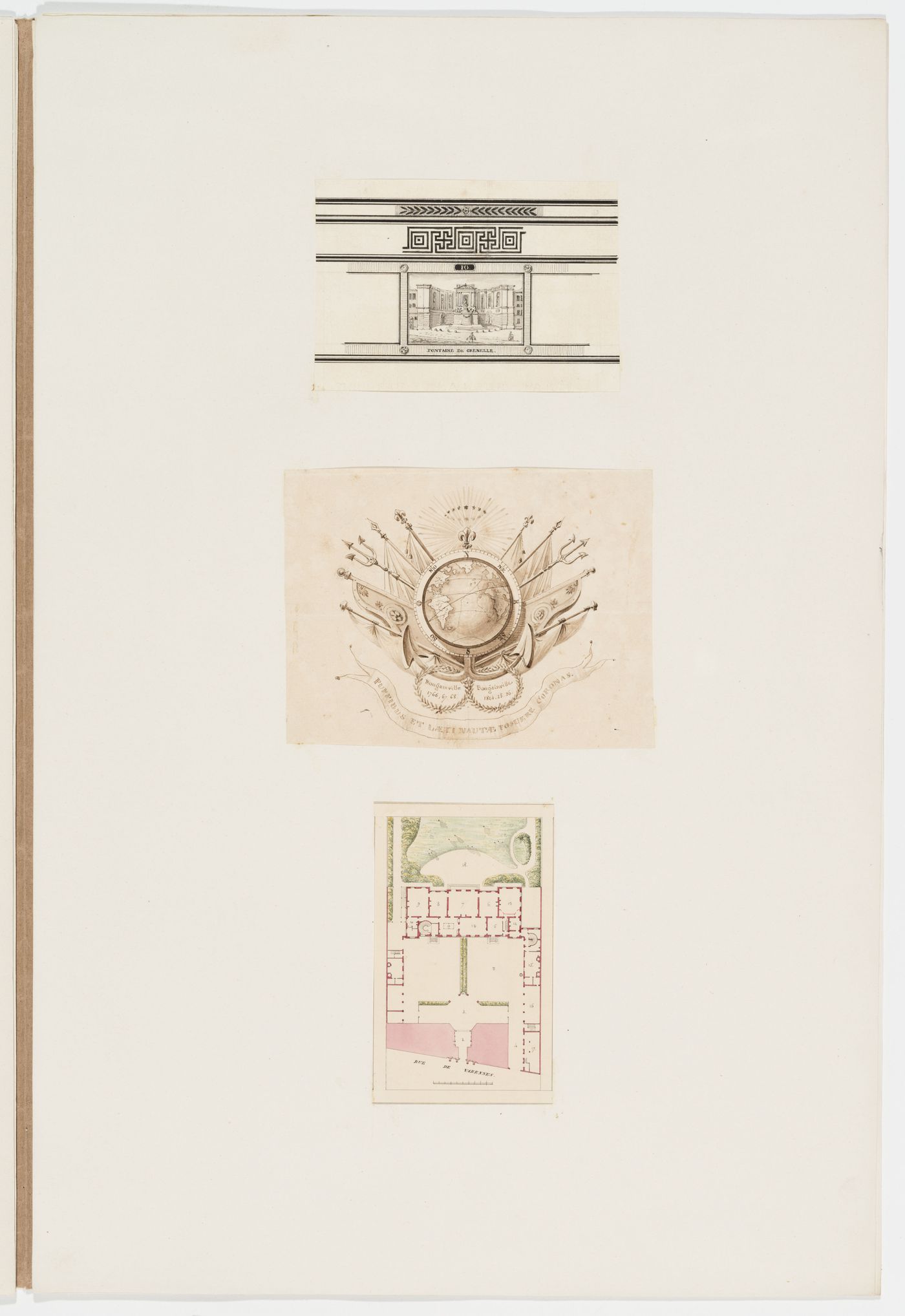 Detail of a freize incorporating a panel showing the fountain of Grenelle; Drawing of a coat of arms with flags and a globe; Plan for a hôtel on rue de Varennes, Paris