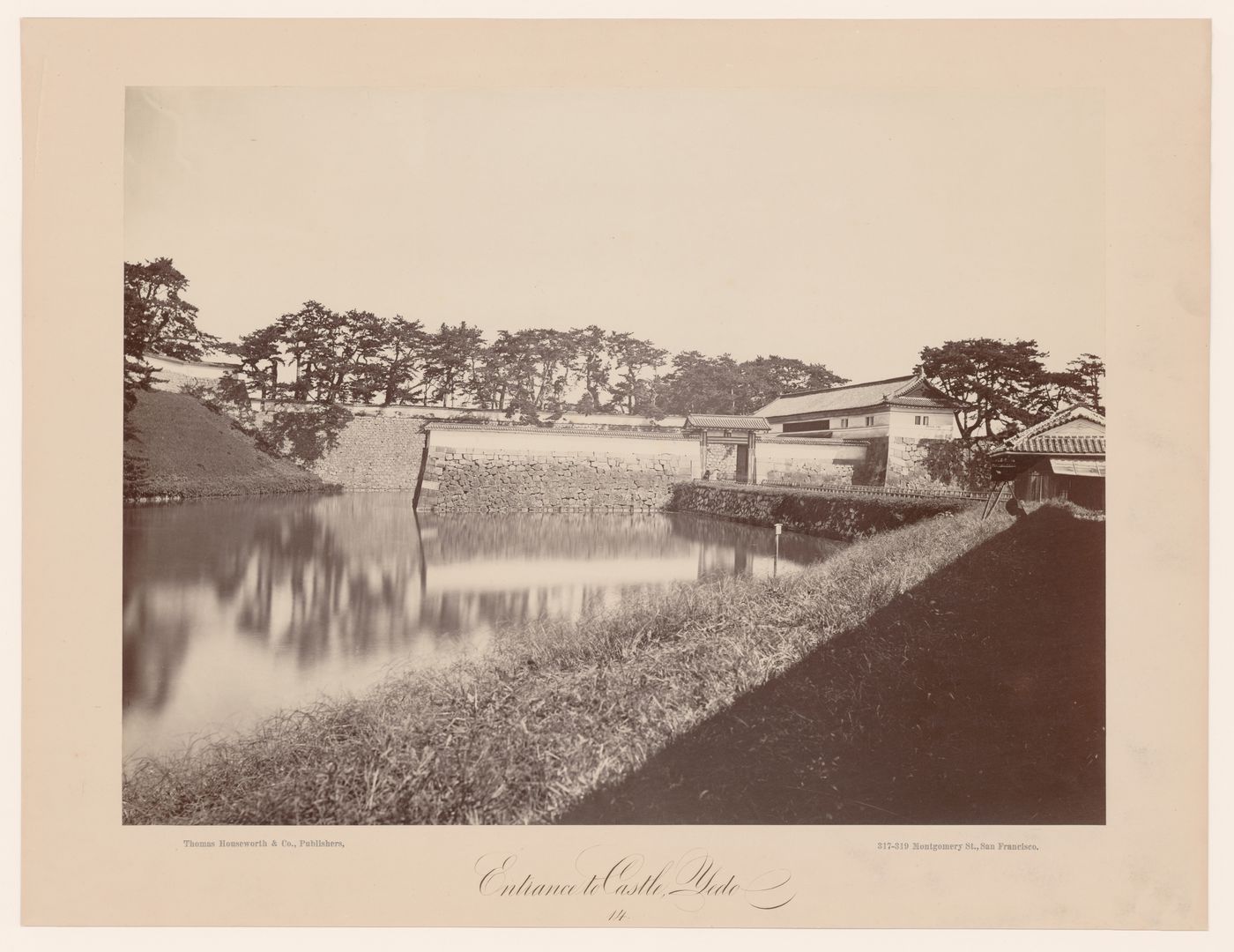 Partial view of Edojo [Edo Castle] showing the Sakuradamon (also known as Sotosakuradamon) gate, the inner moat and defensive walls, Edo (now Tokyo), Japan