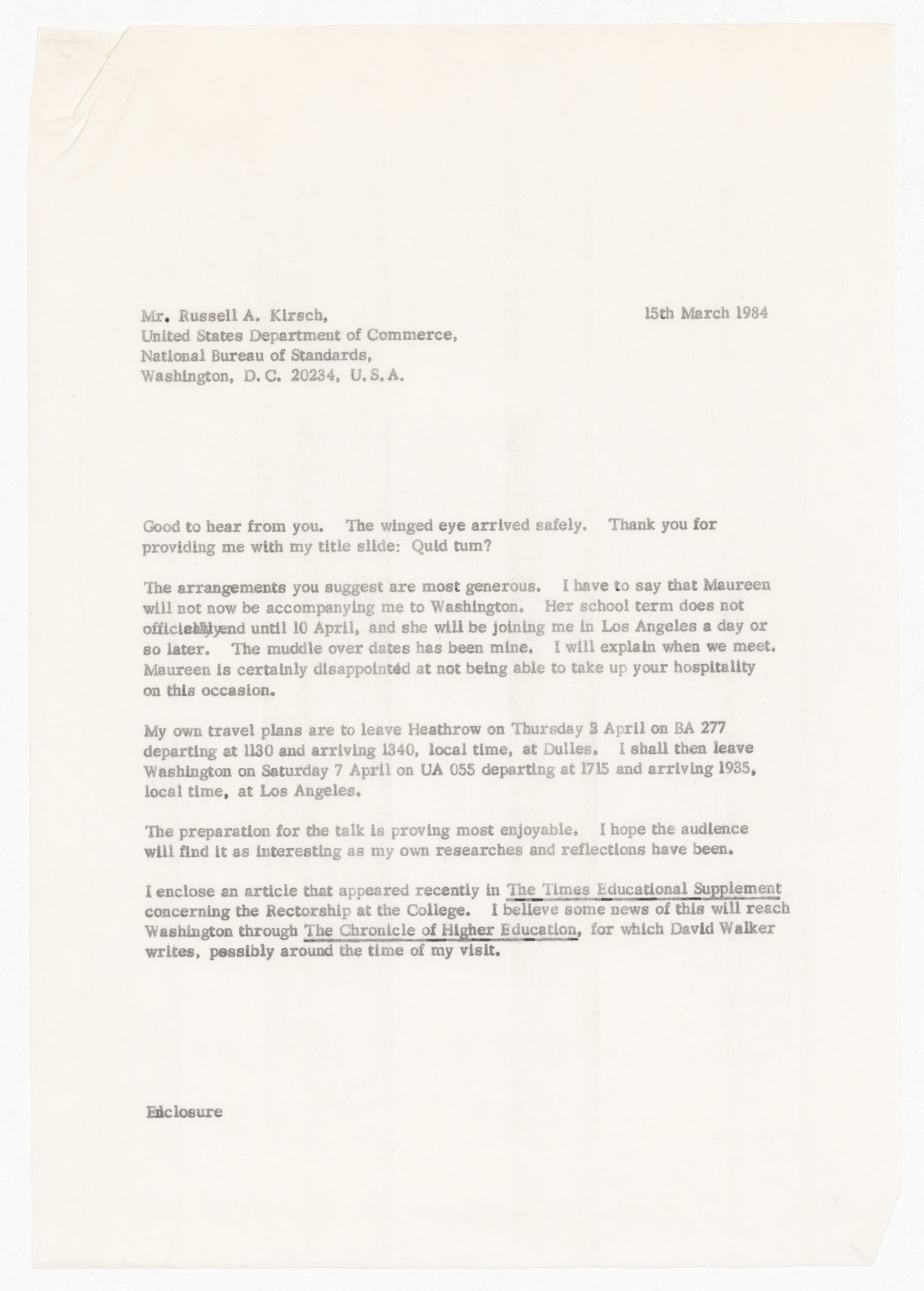 Letter from Lionel March to Russell A. Kirsch