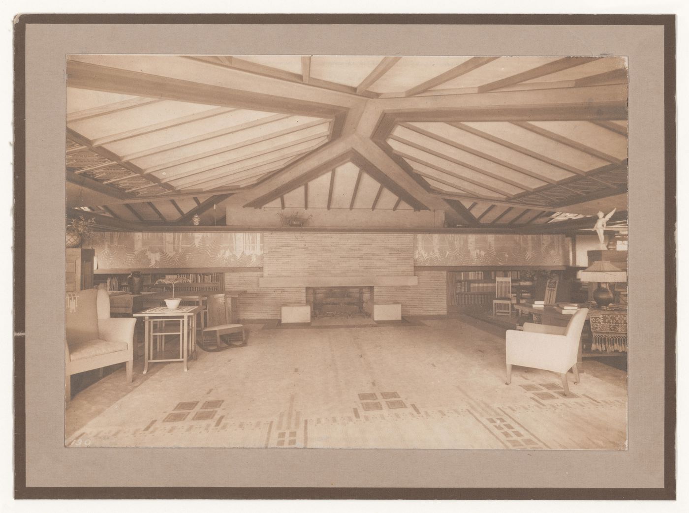 Interior view of Coonley House showing the living room with the mural designed by George M. Niedecken, Riverside, Illinois