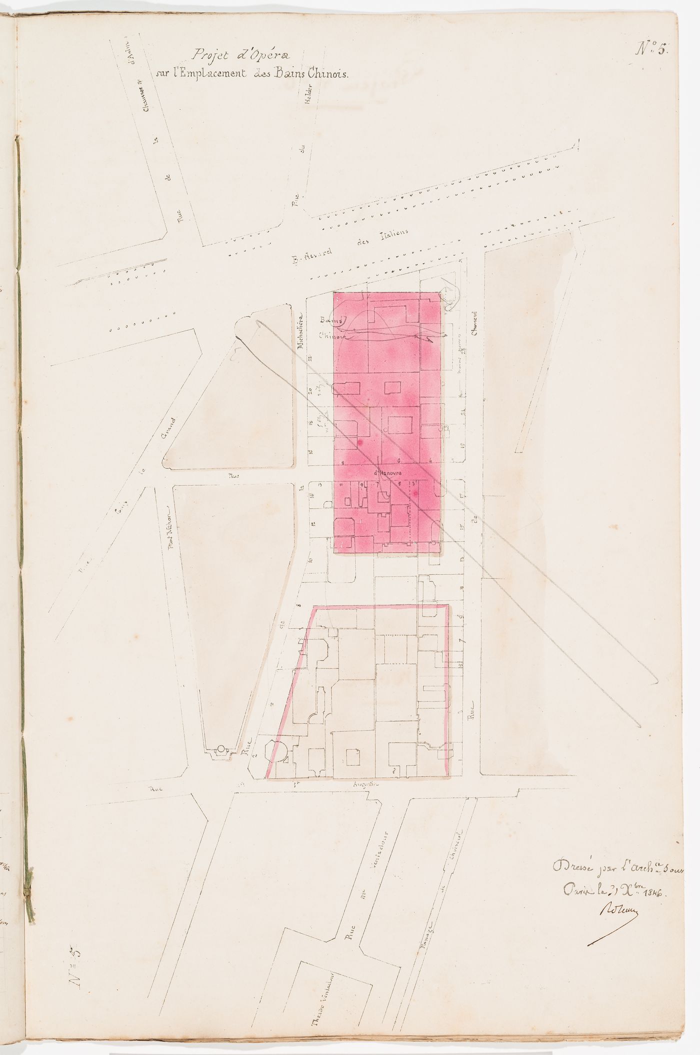 Project no. 5: Site plan for an opera house for the Académie royale de musique on the Bains Chinois site; verso: Project no. 6: Site analysis and cost estimate for an opera house for the Académie royale de musique facing boulevard des Capucines