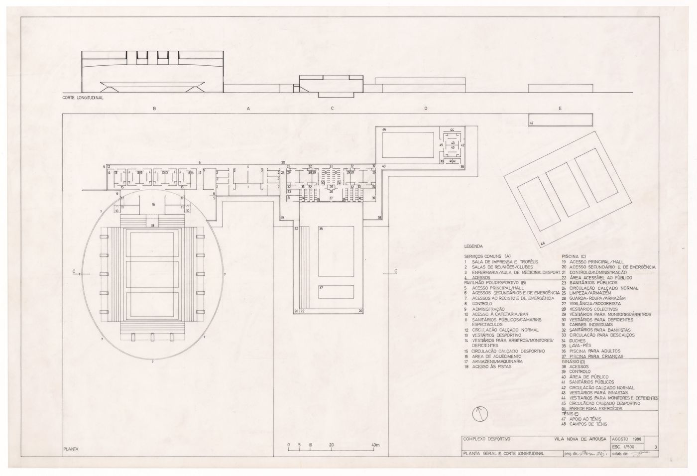 Plan and section for Complexo Desportivo de Vilanova de Arousa, Vilanova de Arousa