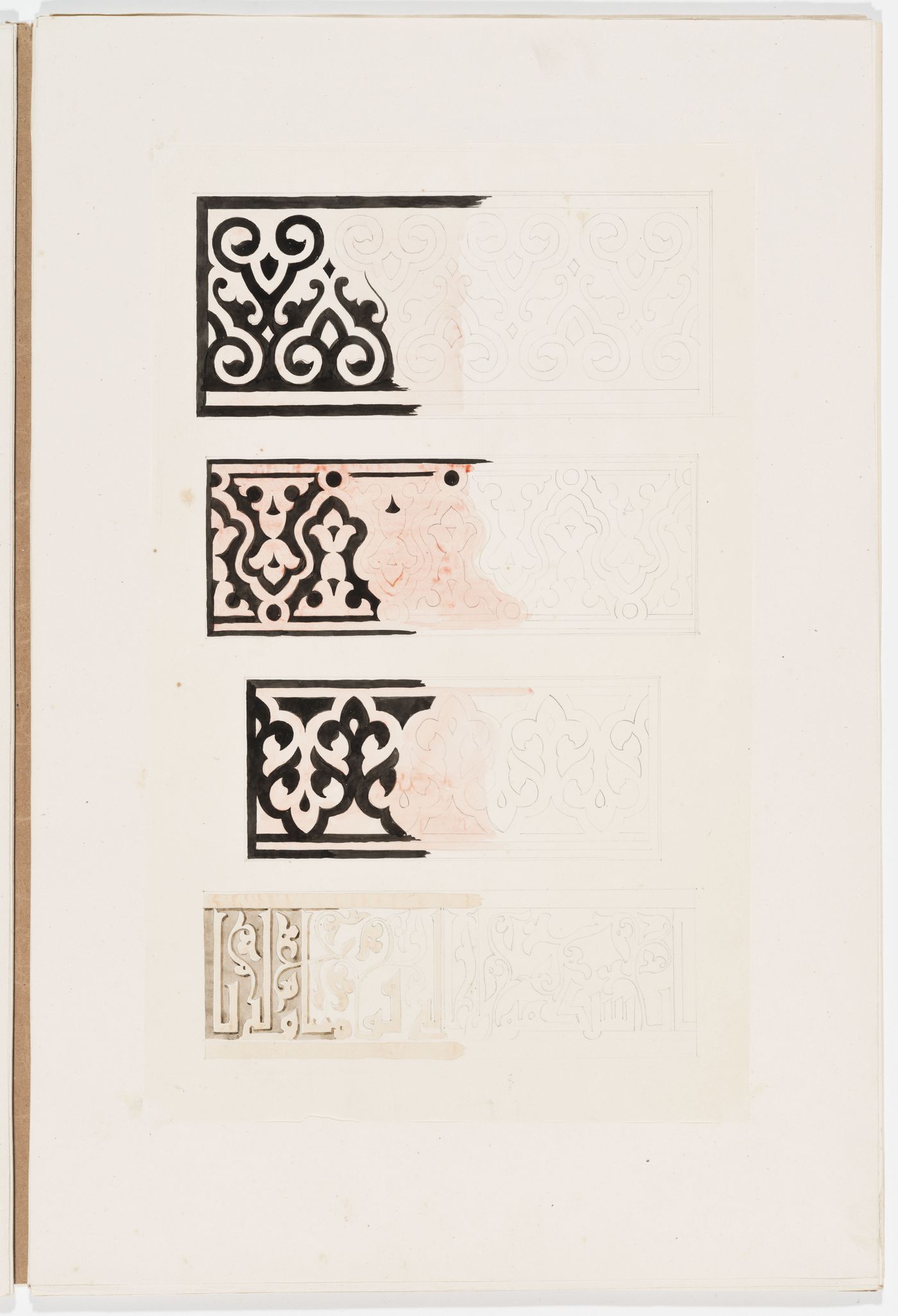 Ornament drawing of three panels of running foliated ornament and a band of foliage and kufic script, probably Islamic