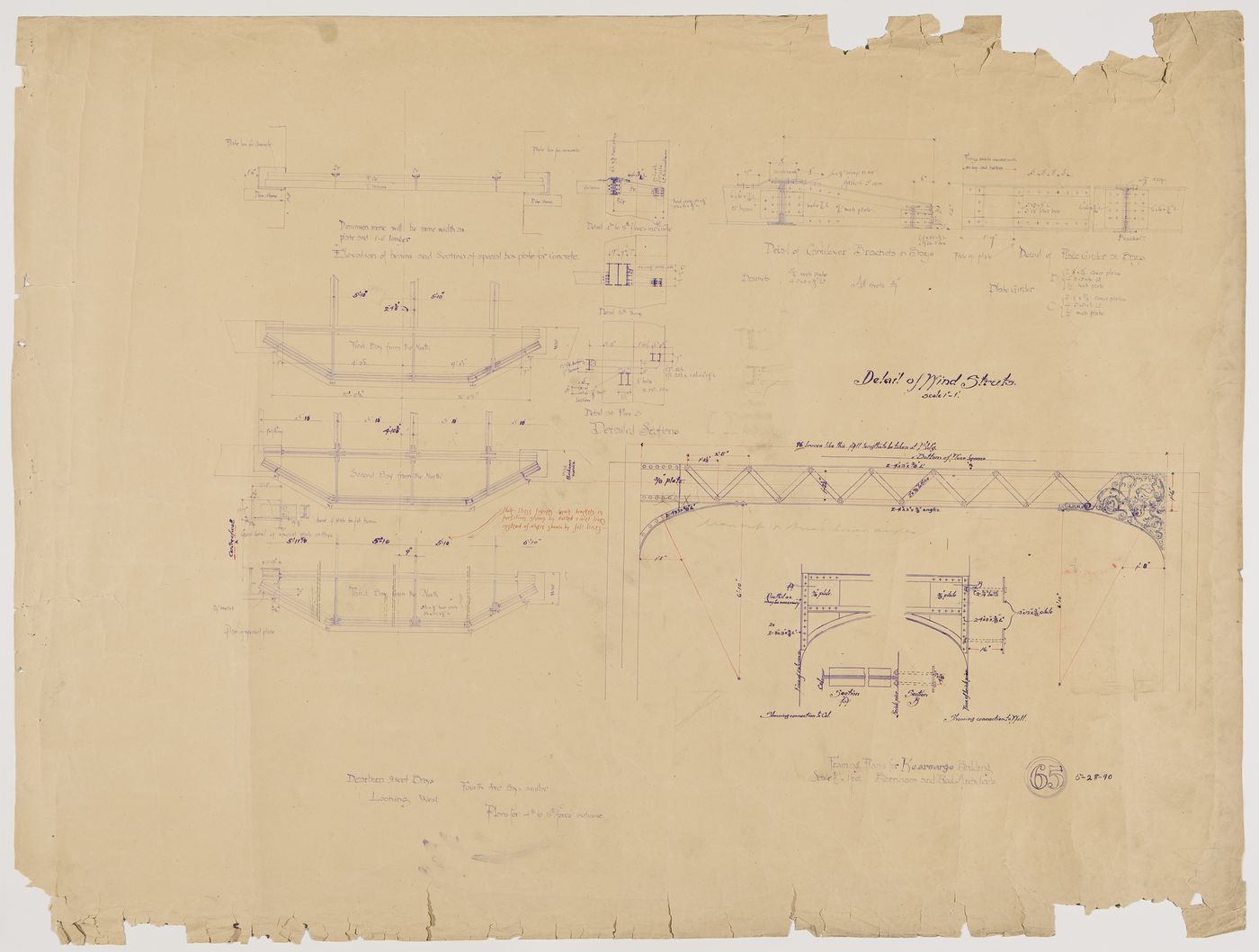 Kearsarge Building, Chicago: Plans, elevations, sections and sectional details for bay windows brackets and elevations and sections for lateral wind braces