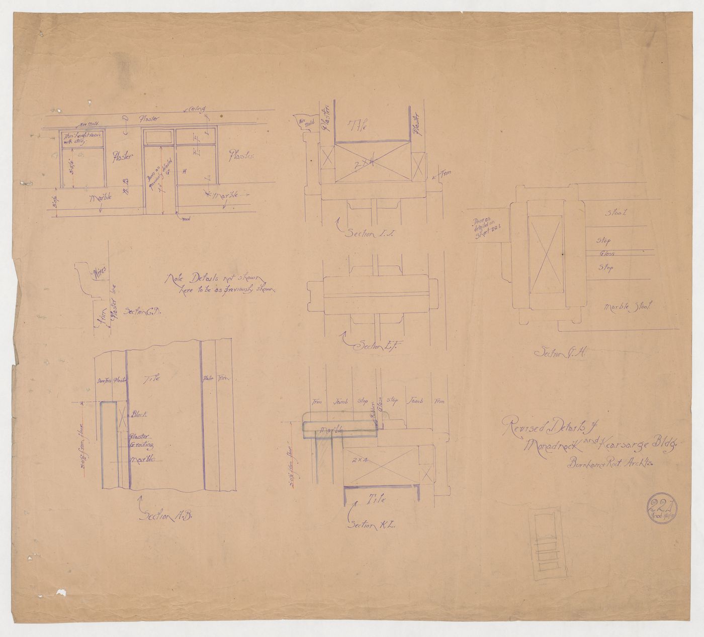 Monadnock and Kearsarge Buildings, Chicago: Sectional and plan details for woodwork