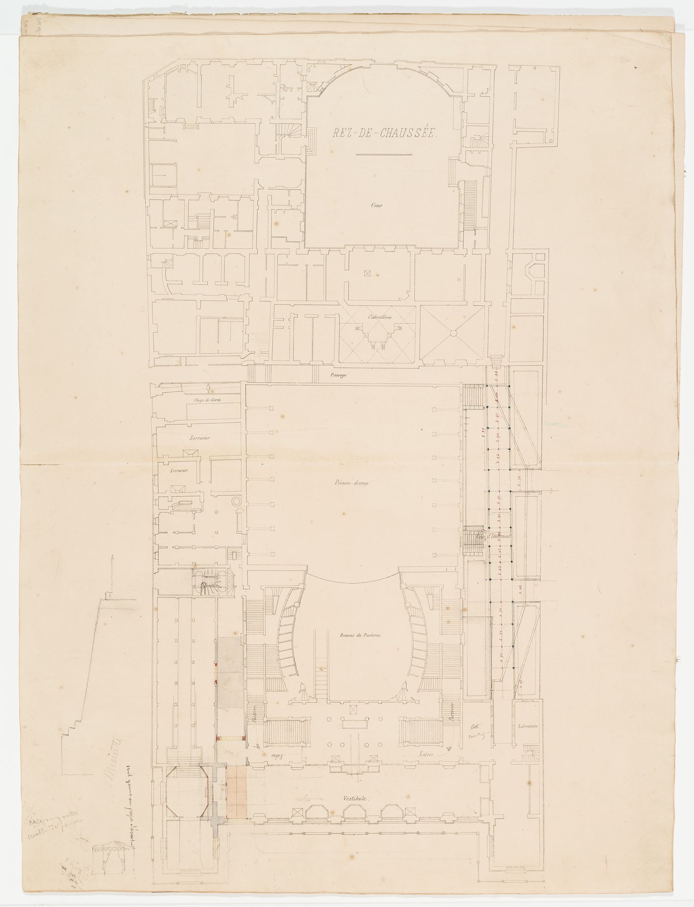 Ground floor plan of Salle Le Peletier with additions for alterations to the "passage"