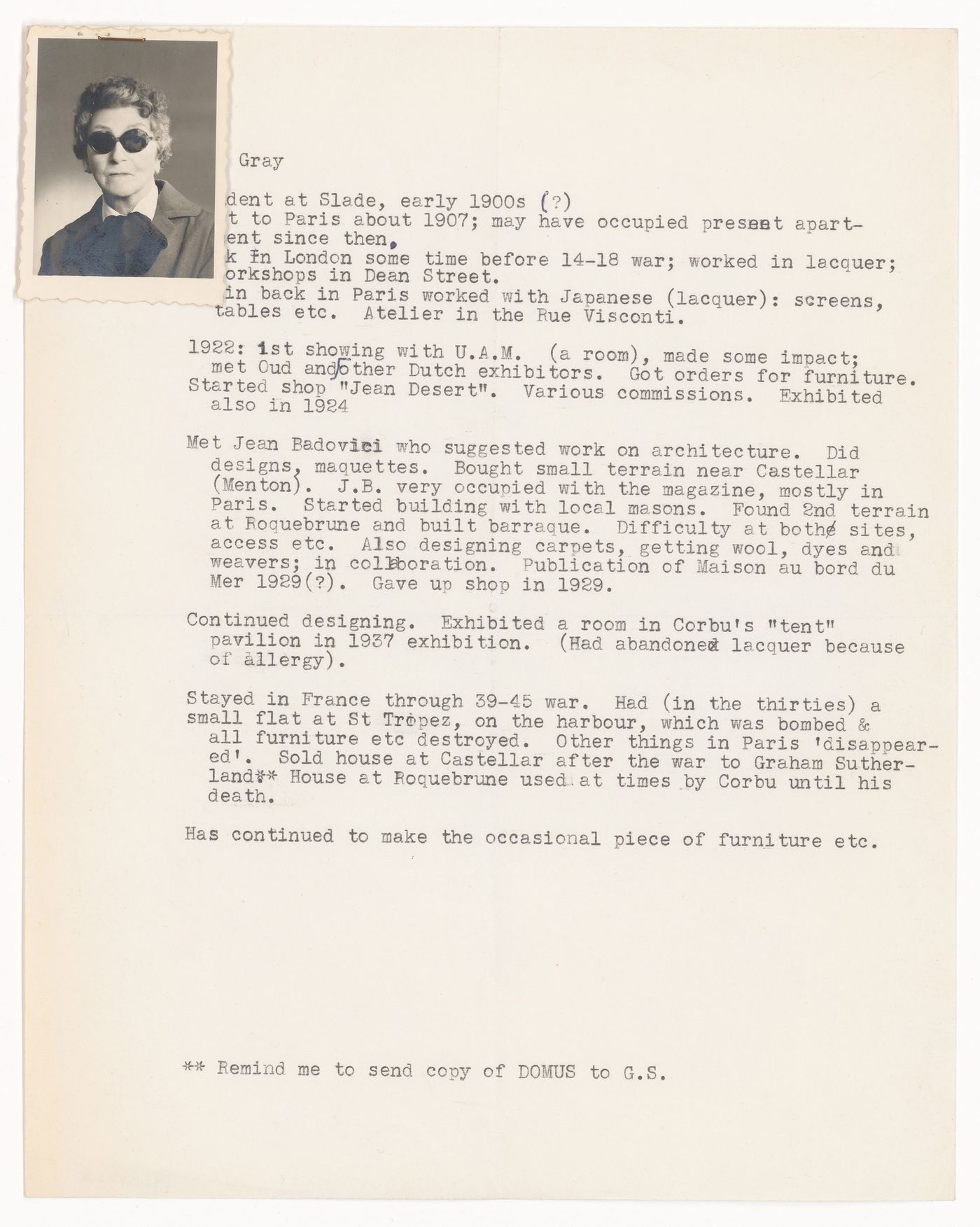 Biographical notes for Eileen Gray