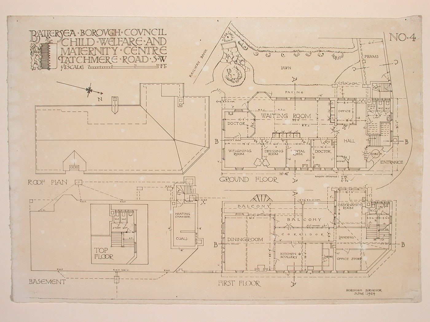 Floor plans showing the Battersea Borough child welfare and maternity centre
