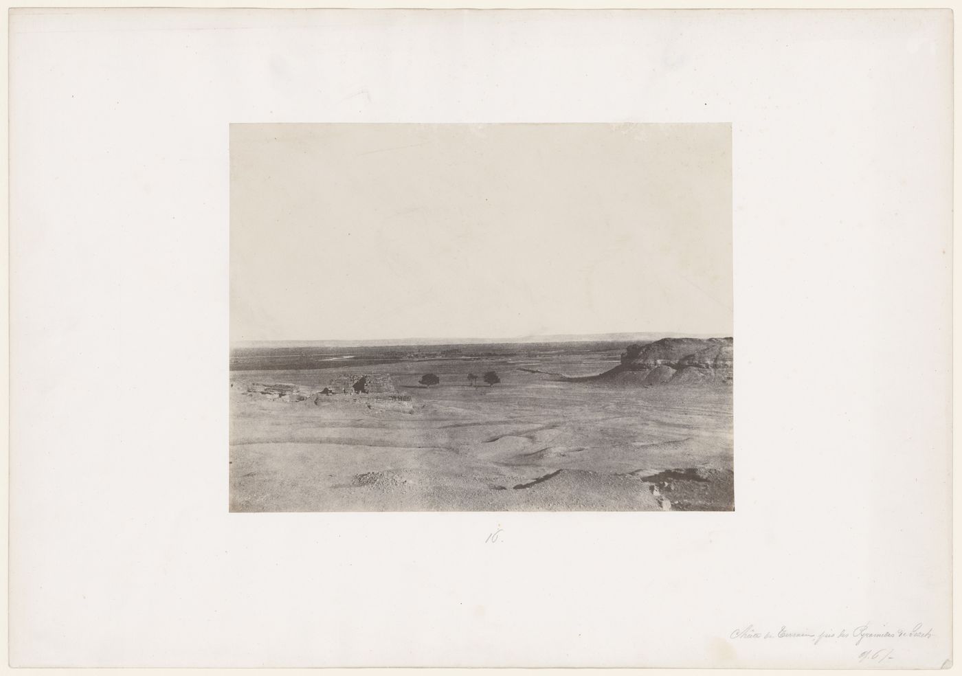 View looking southwest from area between pyramids of Khafre and Menkaure, looking towards the Valley Temple on left, Giza, Egypt