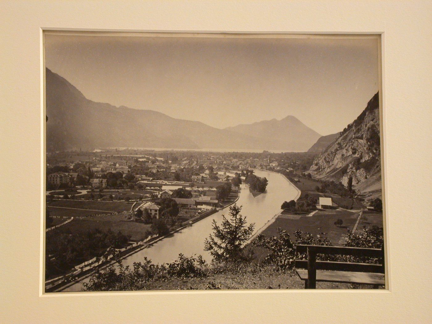 View of valley, village and mountains, from hillside, Unterseen, Interlaken, Switzerland