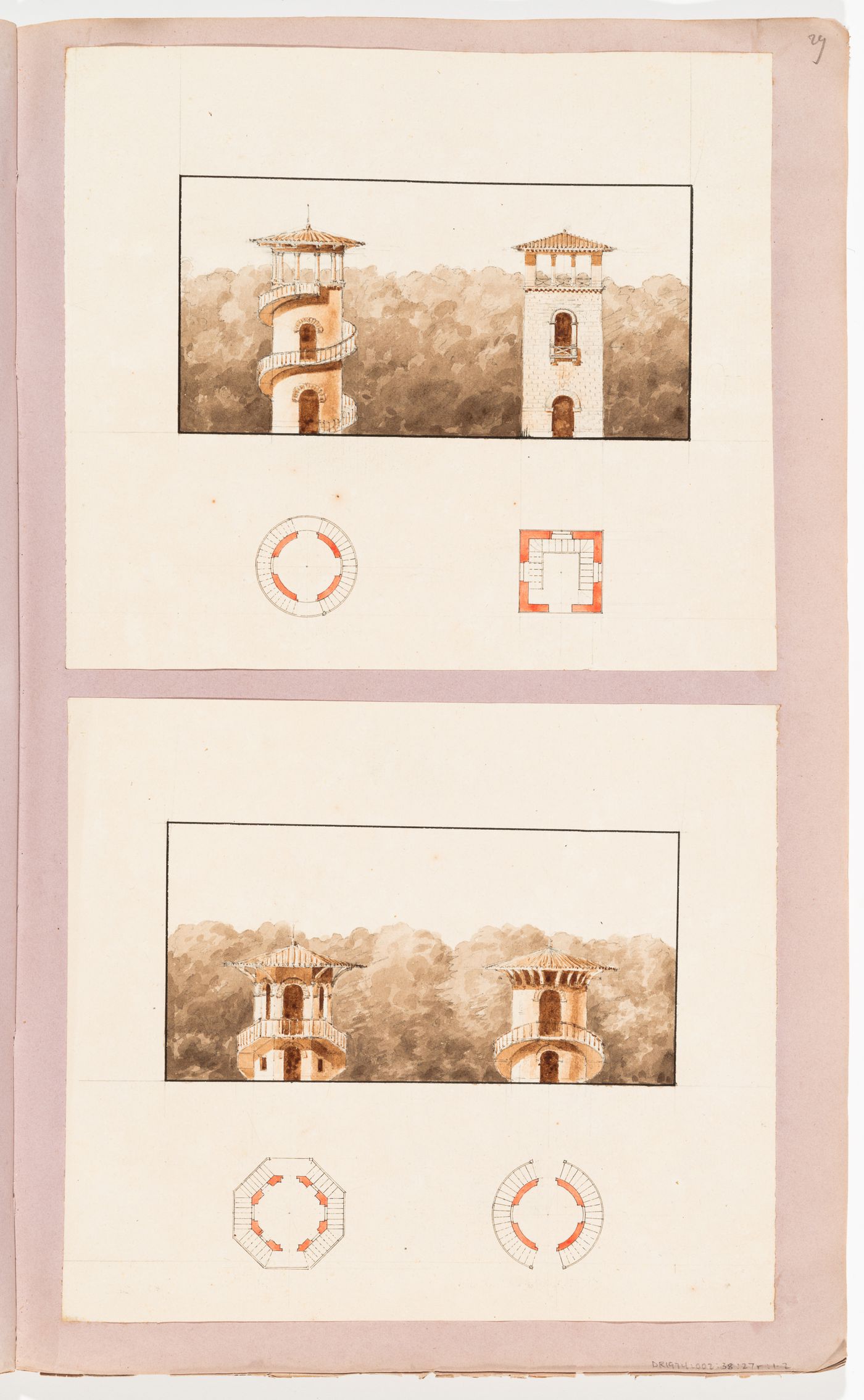 Elevations and plans for four Chinese-inspired garden pavilions; verso: Partial sketch plan for a country house with a circular salon