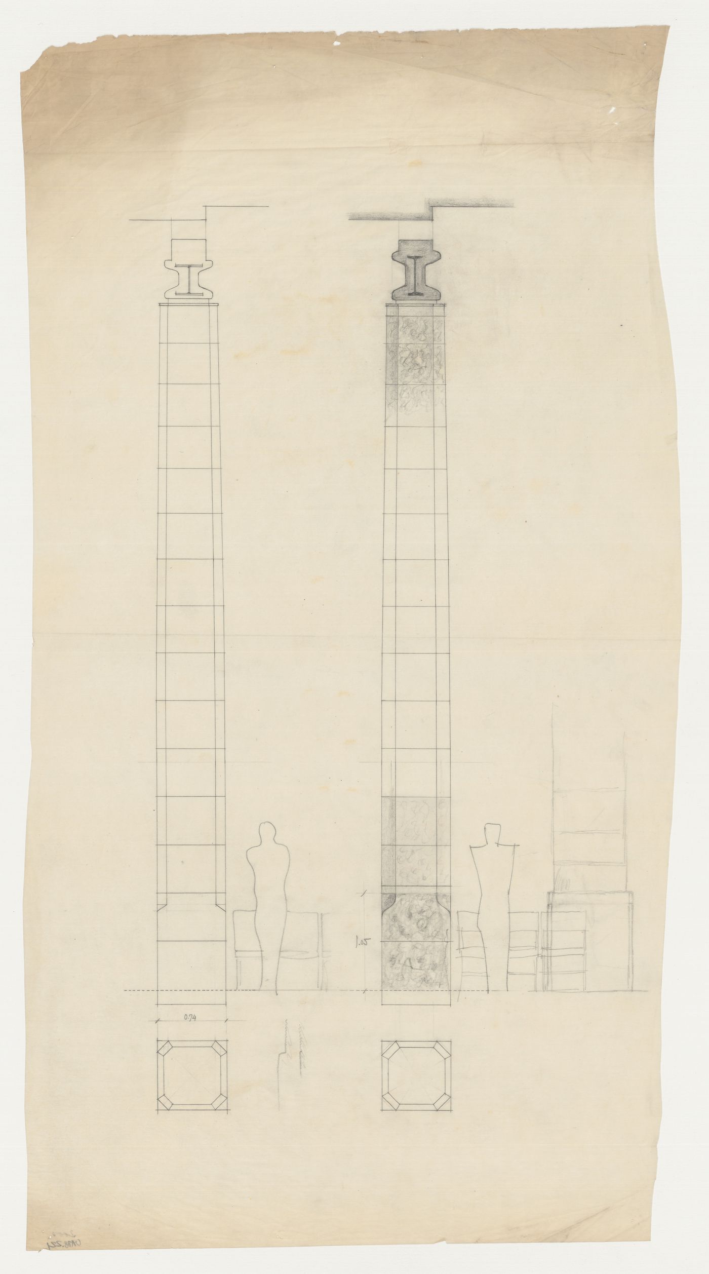 Elevations, a partial elevation and plans for columns for the Chapel of the Holy Cross, Woodland Crematorium, Woodland Cemetery, Stockholm, Sweden