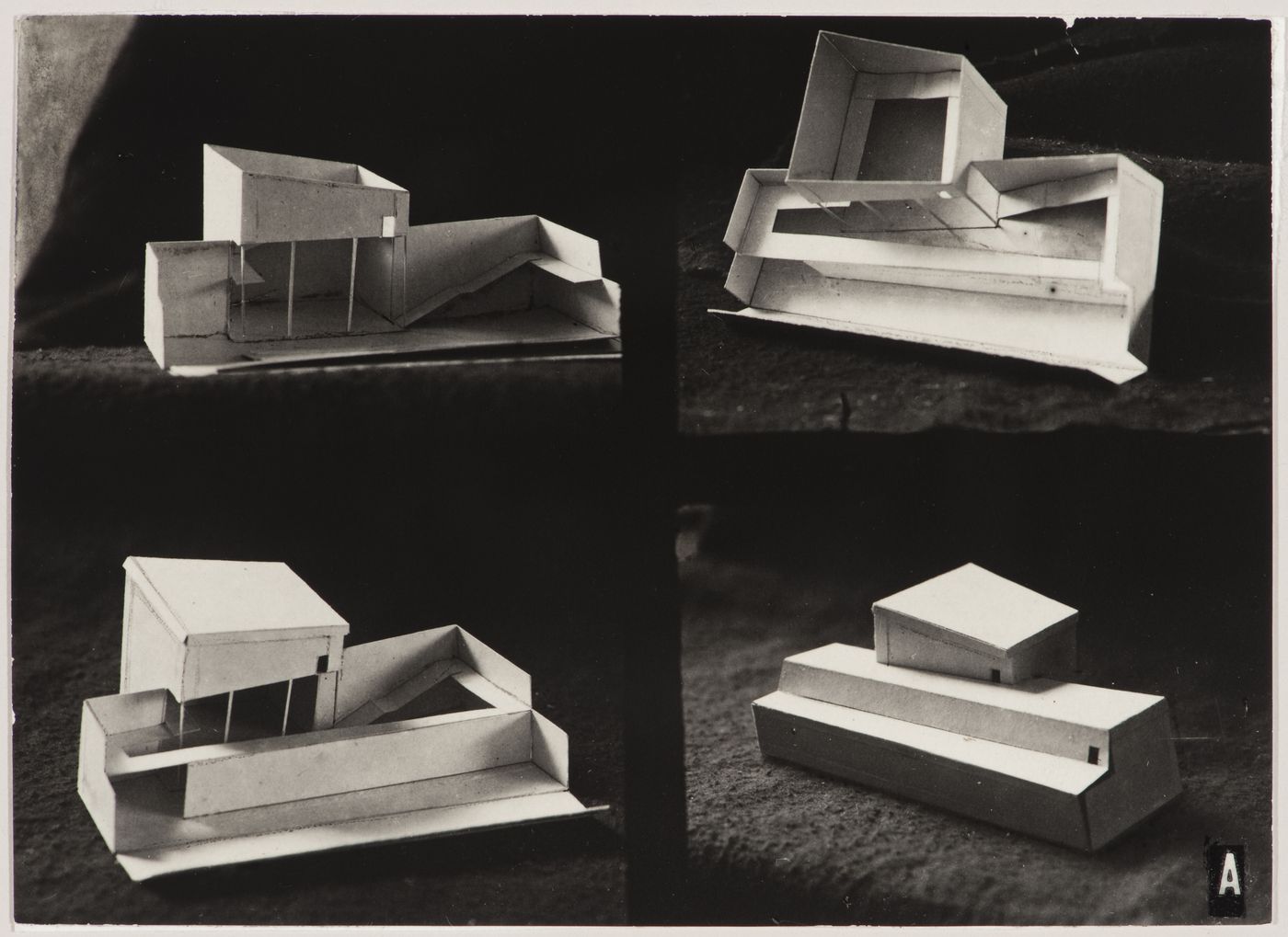 Photograph showing four views of a model for an exhibition building for an All-Union Palace of the Arts, Moscow