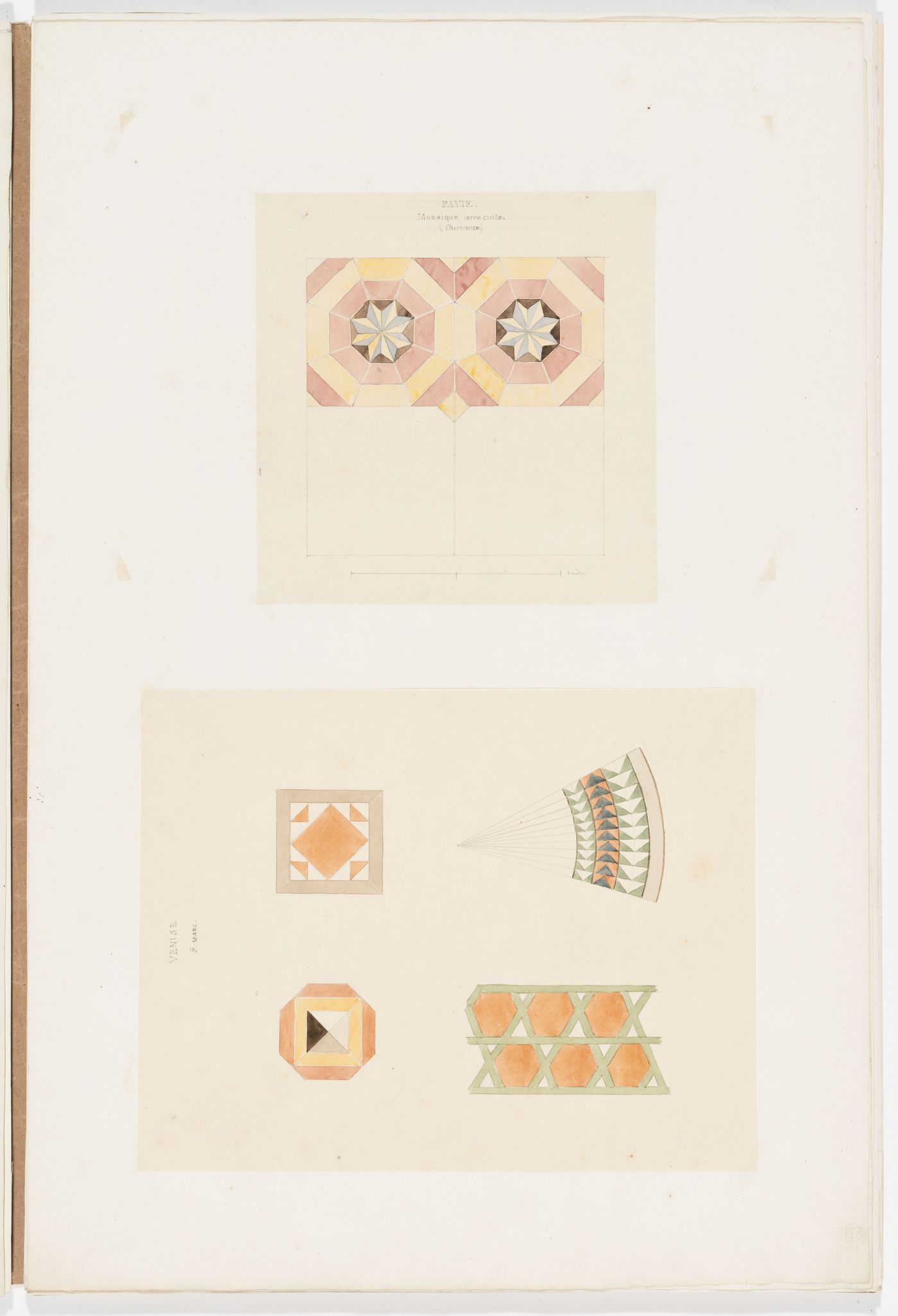 Drawing of a geometric terracotta mosaic in the 'chartreuse', Pavia; Drawing of four geometric patterns, probably floor tiles, from San Marco, Venice