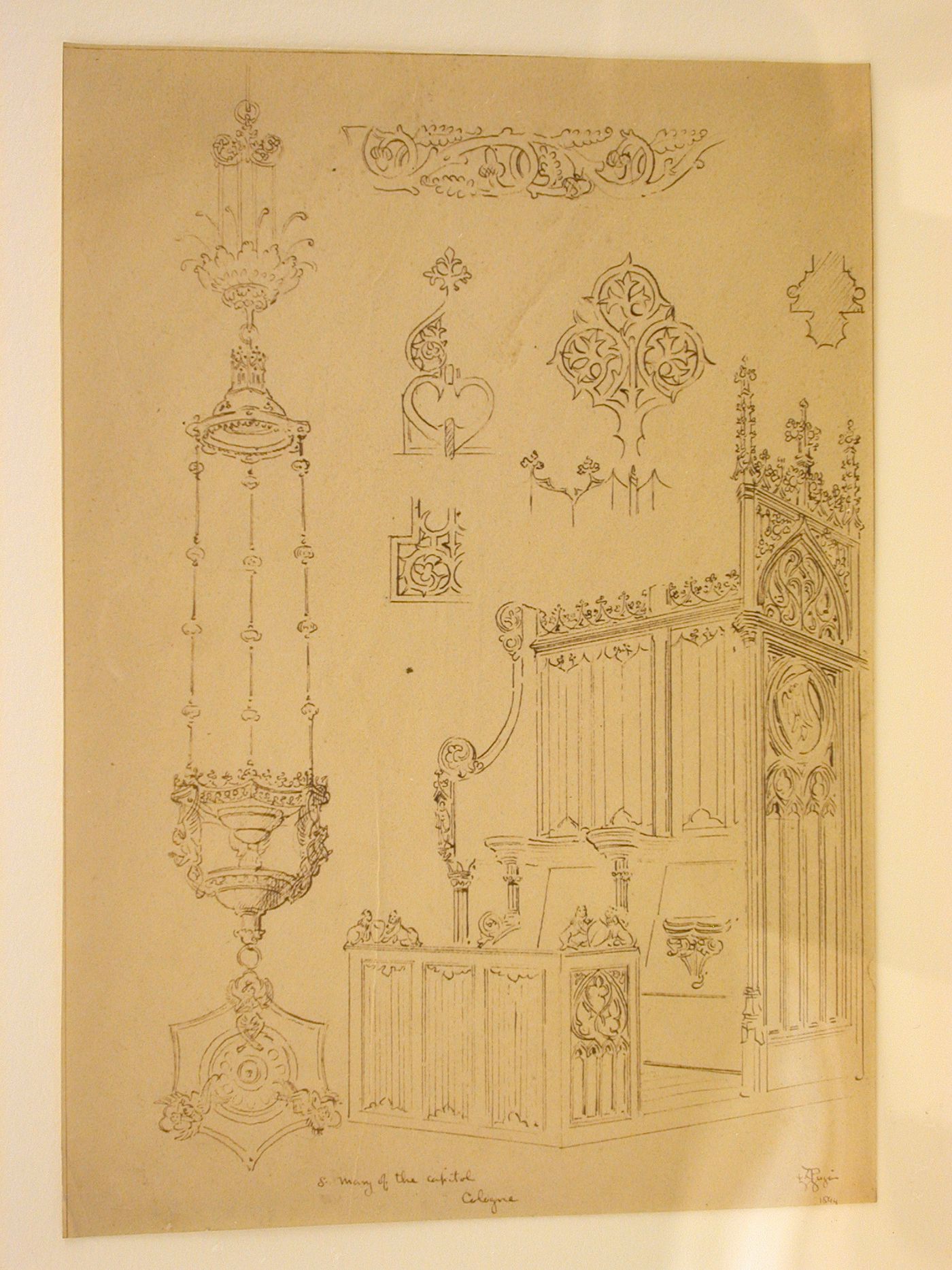 Photograph of a rendering by Augustus Welby Northmore Pugin of details of St. Maria im Kapitol including a box pew and metalwork, Cologne, Germany