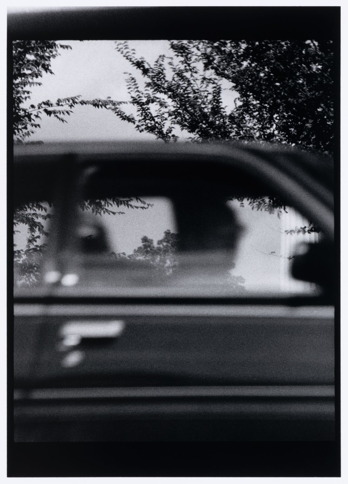 View of a passing automobile showing trees and a column in the background, probably near the Lincoln Memorial, Washington D.C., United States, from the series "Empire"