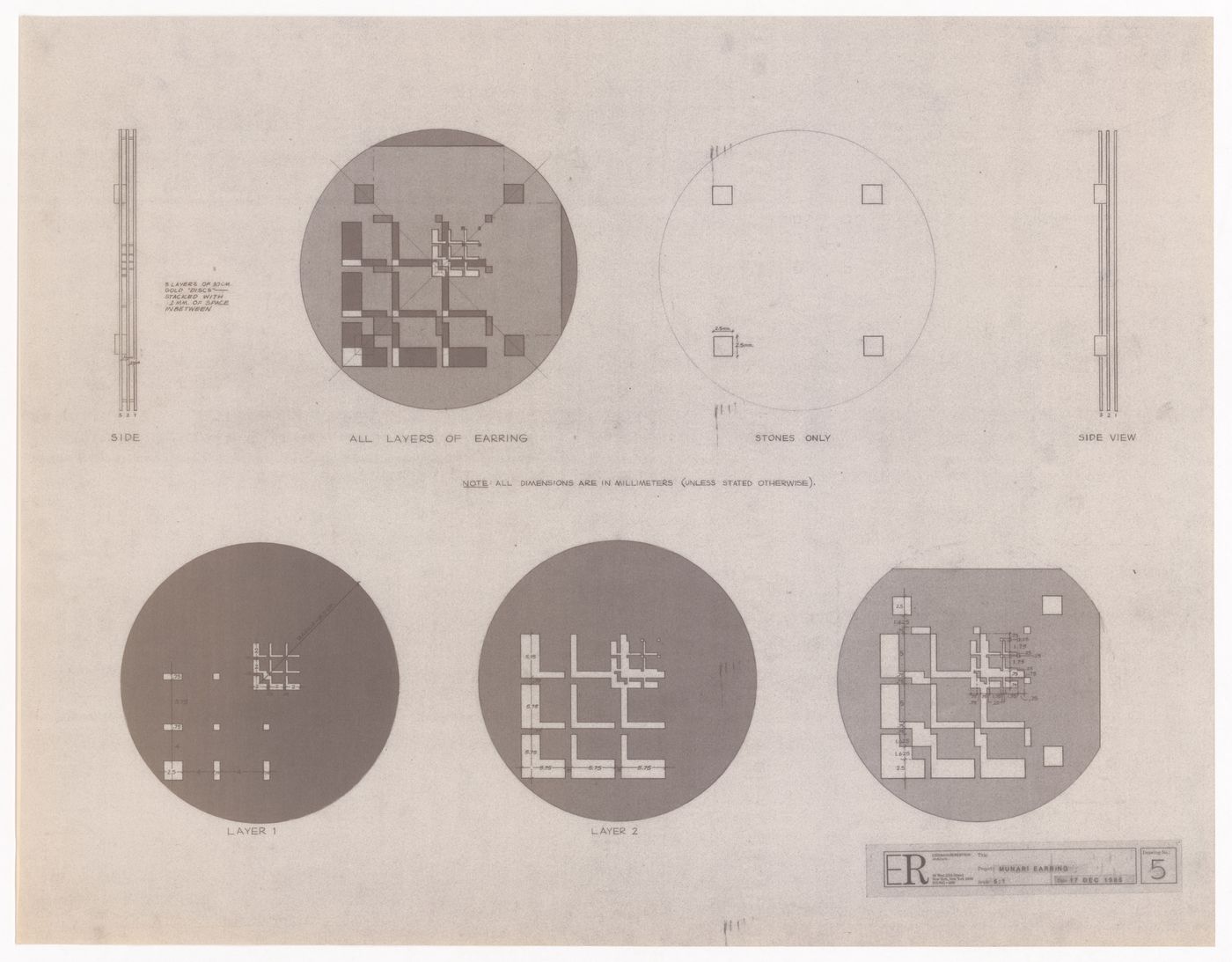 Plans, elevations and details for earring